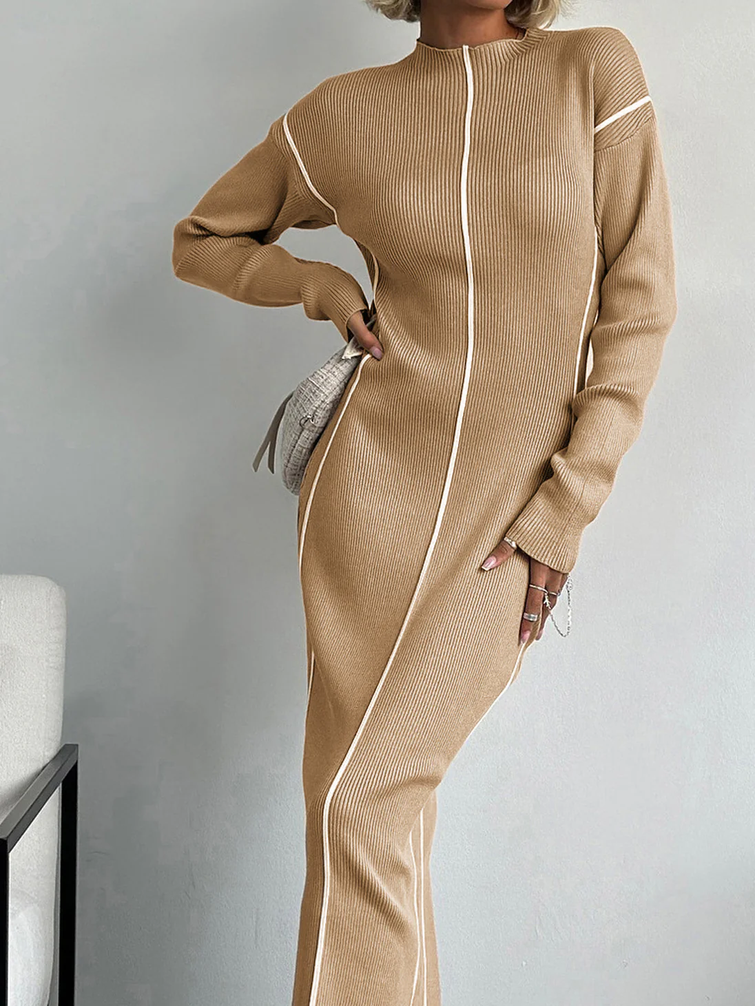 Ribbed Contrast Piping Sweater Dress - Takermore