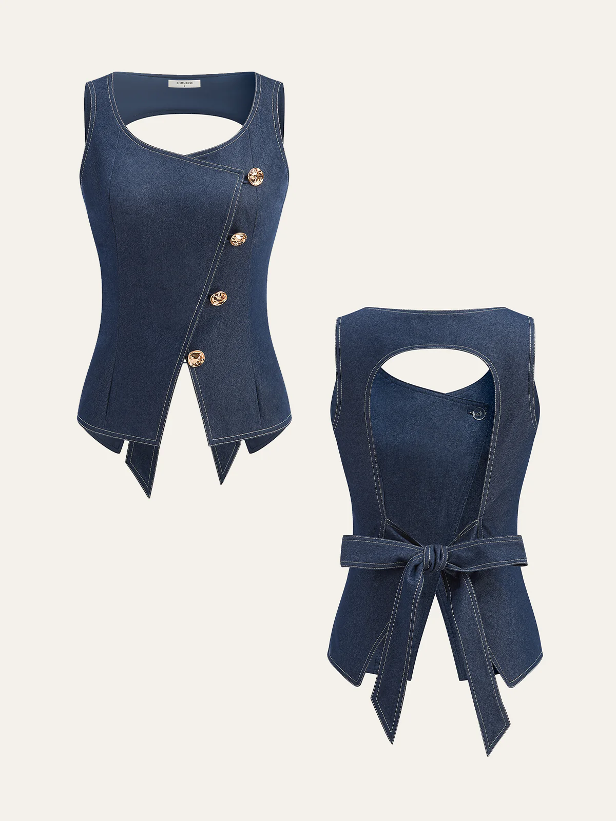 Asymmetric Button Bow Detail Vest - Takermore