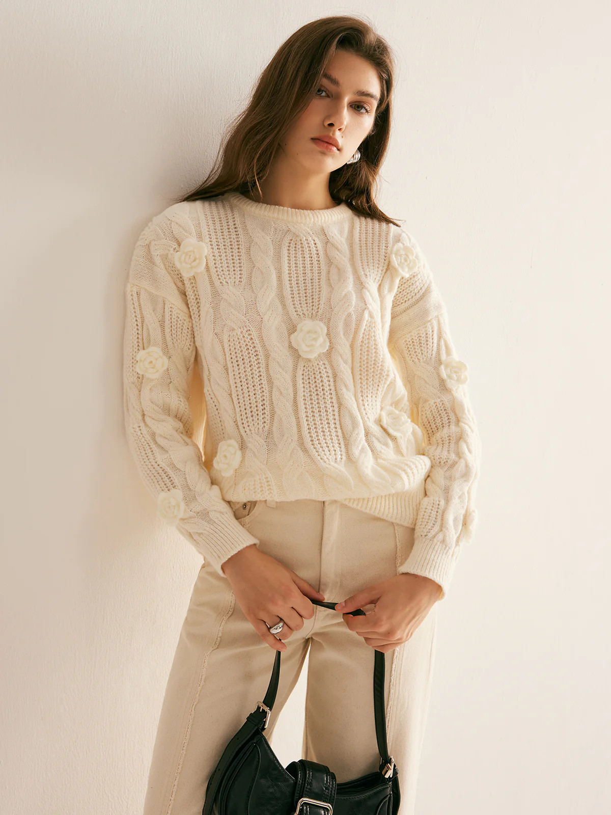 3D Flower Cable-Knit Pullover Sweater - Takermore