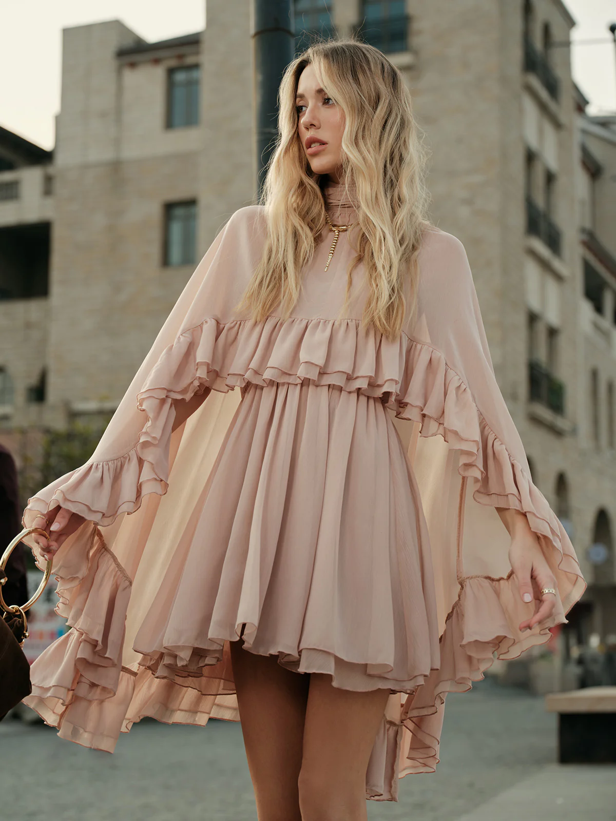 Semi-Sheer Chiffon Ruffle Dress With Outer Cape - Takermore