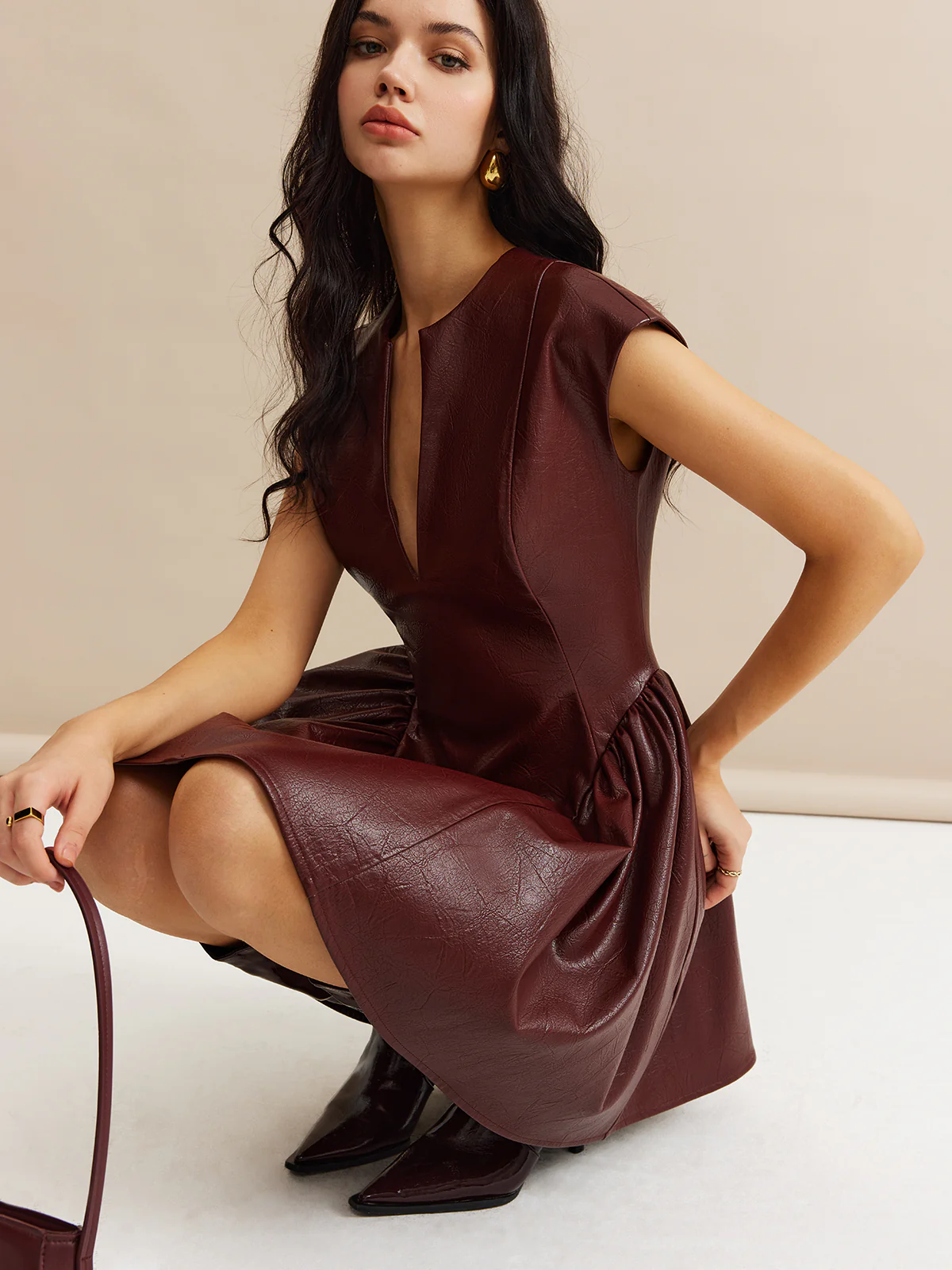 Faux Leather Panel Pleated Dress - Takermore