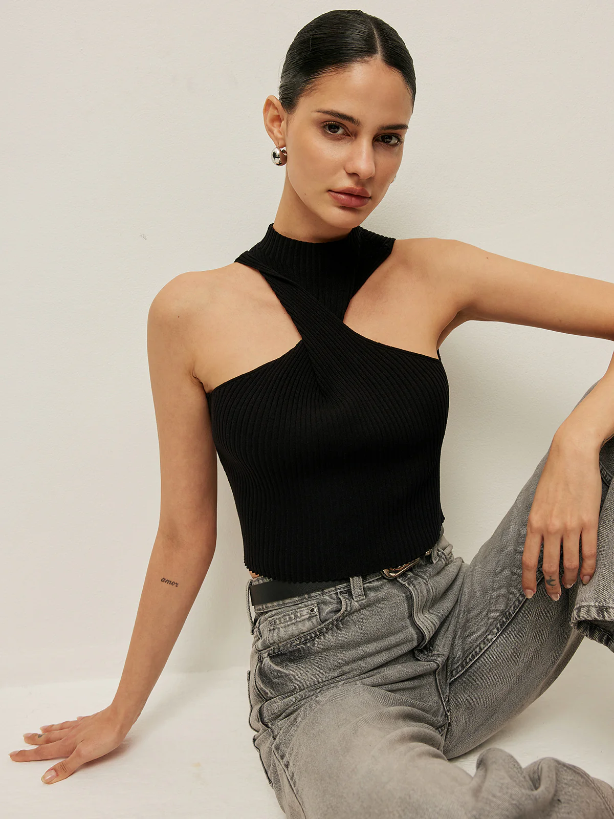 Ribbed Cross Halter Knit Top - Takermore