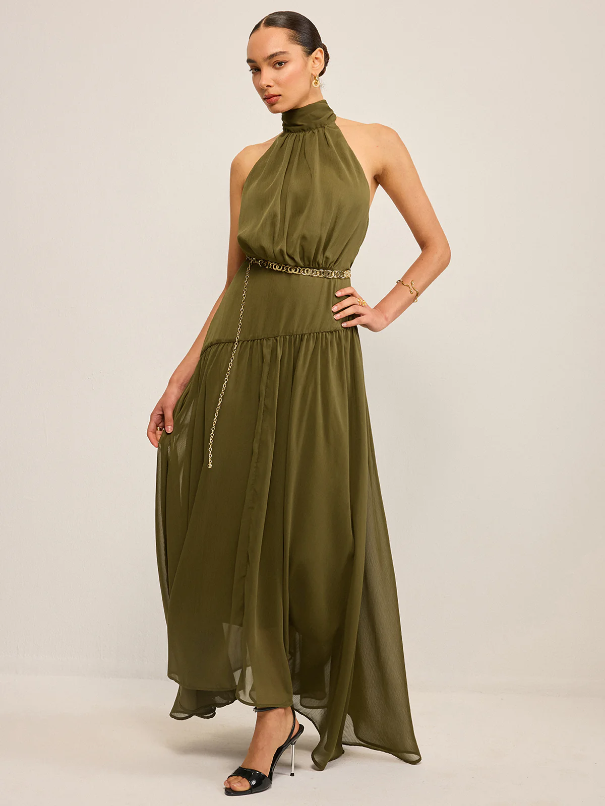 Halter Neck Chiffon Maxi Dress with Back Bow - Takermore