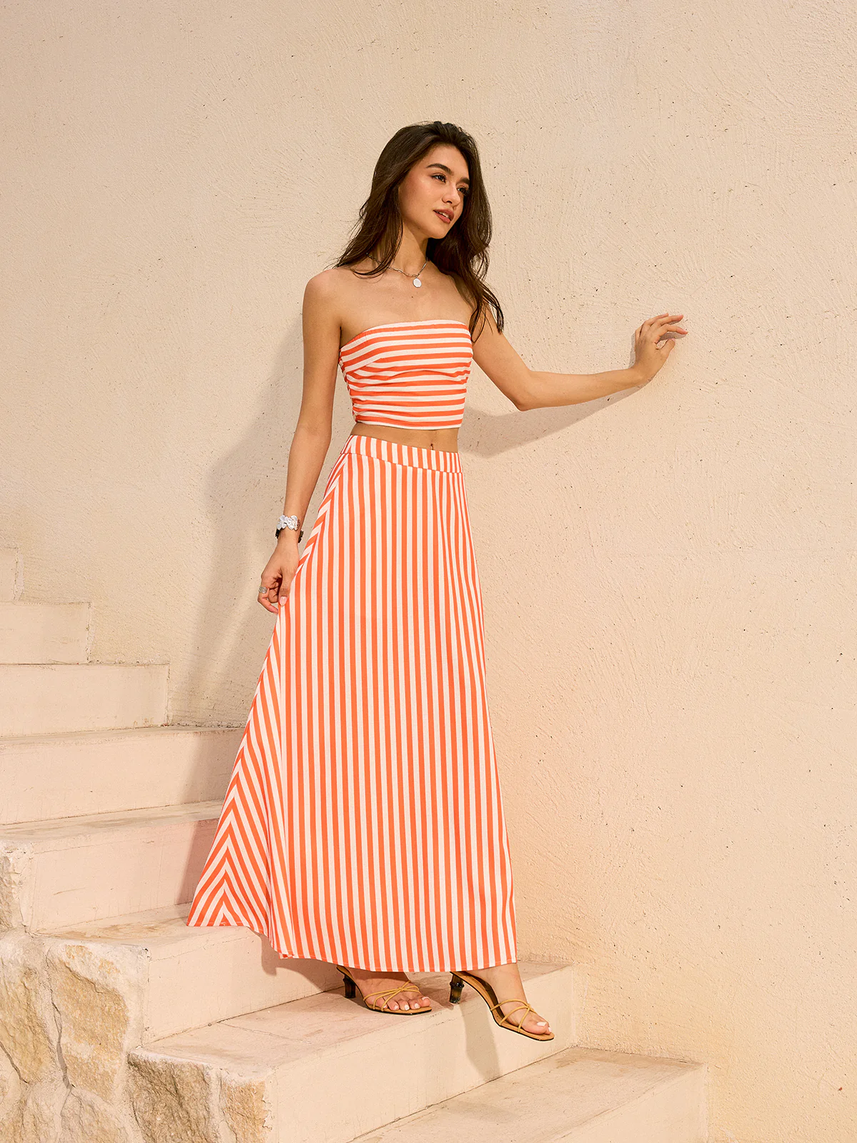 Striped Tube Top and Maxi Skirt Set - Takermore