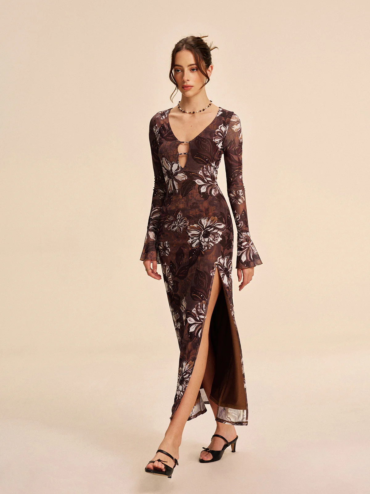 Semi-Sheer Mesh Floral Cutout Slit Dress - Takermore