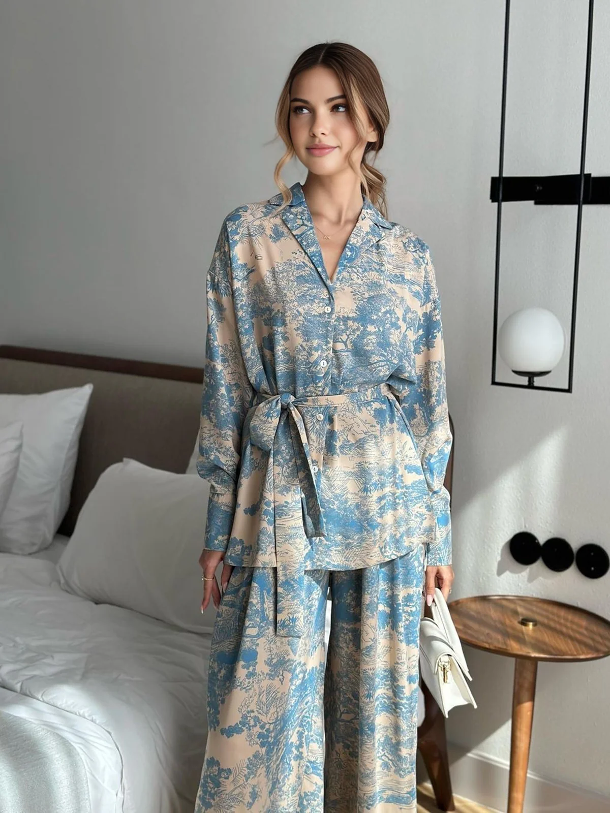 Printed Tie Up Pants Set - Takermore