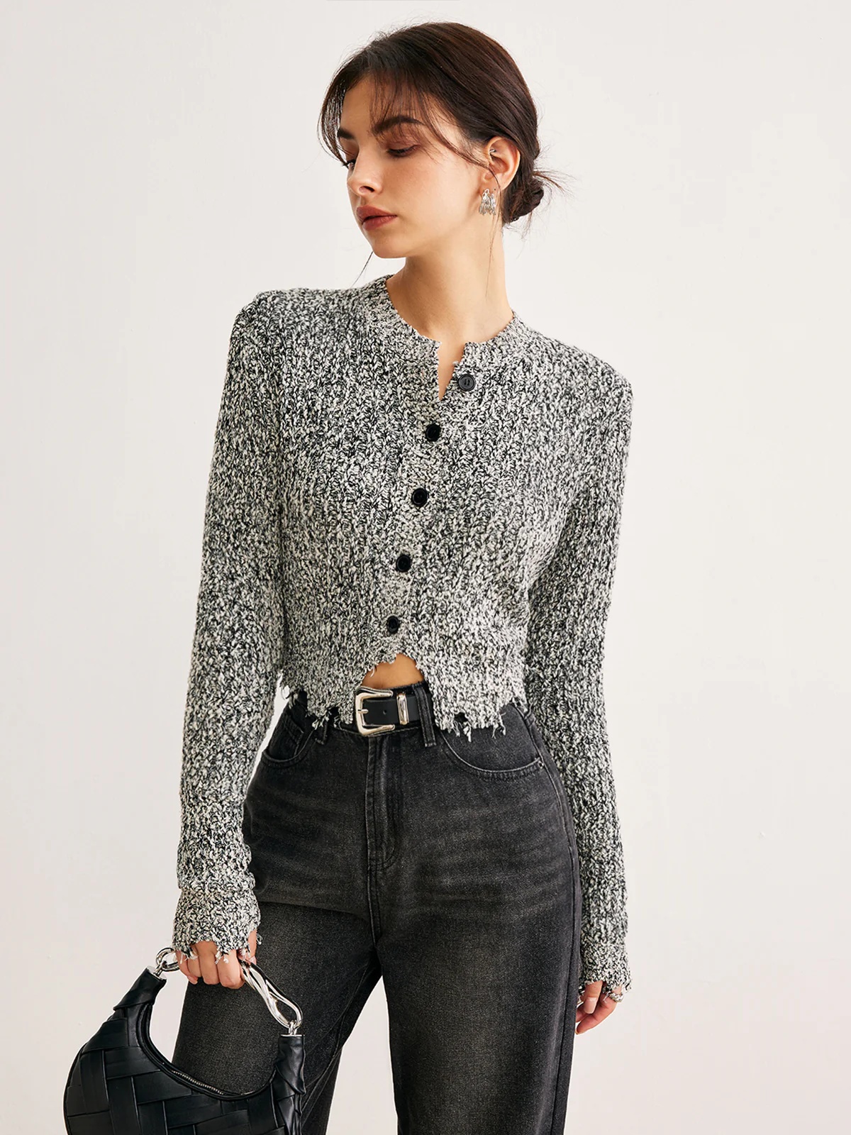 Raw Hem Button Slim Knit Top - Takermore