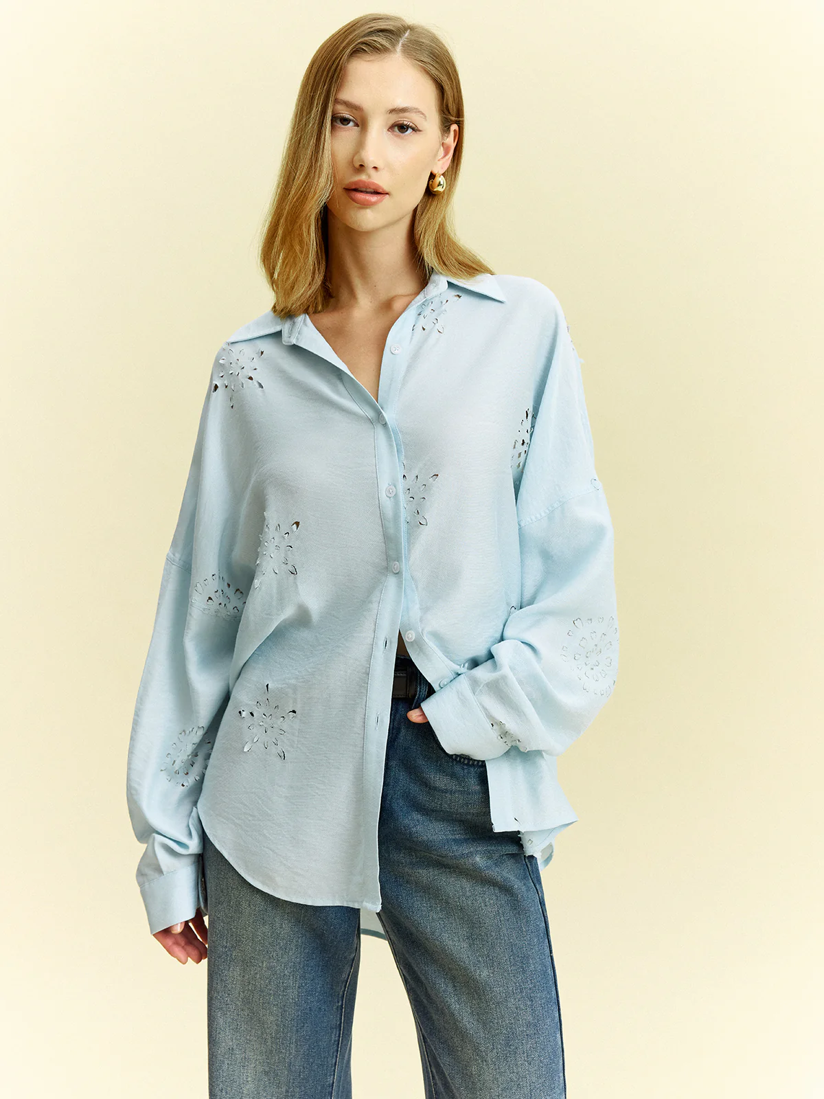 Oversized Eyelet Detail Shirt - Takermore