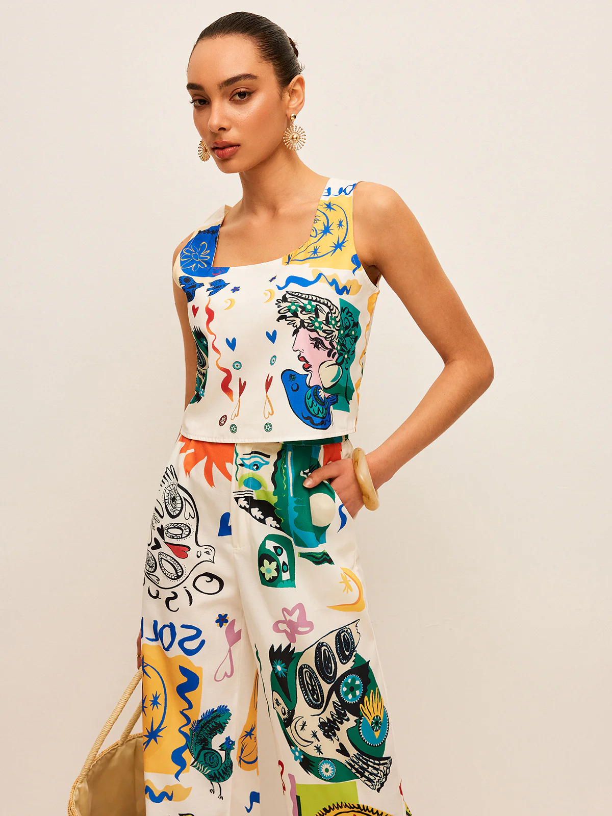 Graphic Print Crop Top With Wide-Leg Pants Set - Takermore