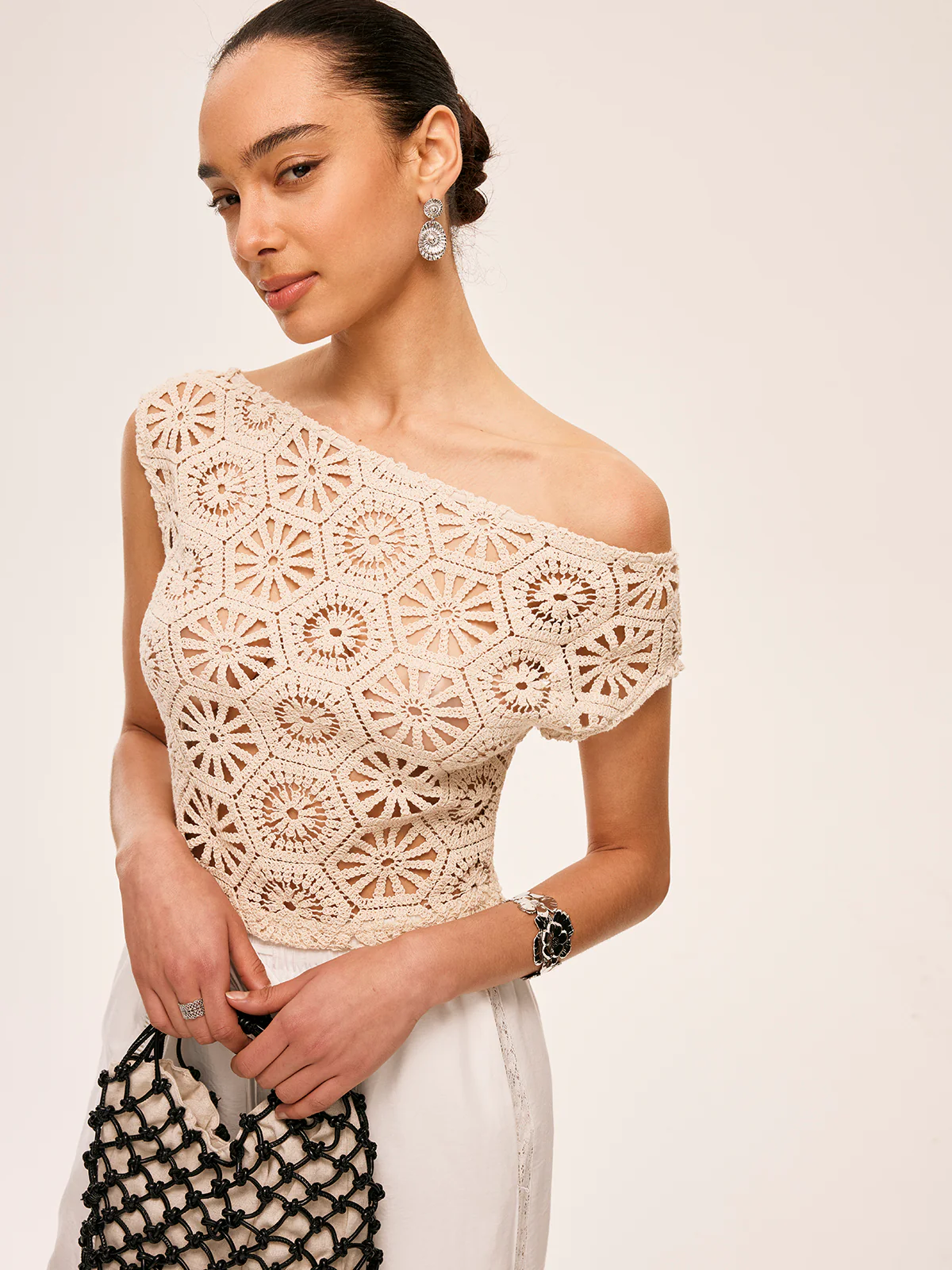 Asymmetrical Off-Shoulder Semi-Sheer Crochet Top - Takermore