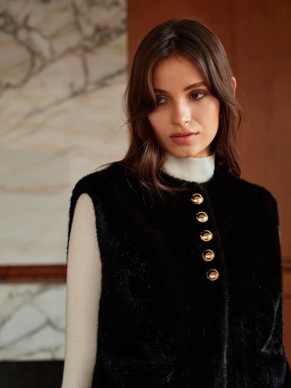 Round Neck Button Faux Fur Vest - Takermore