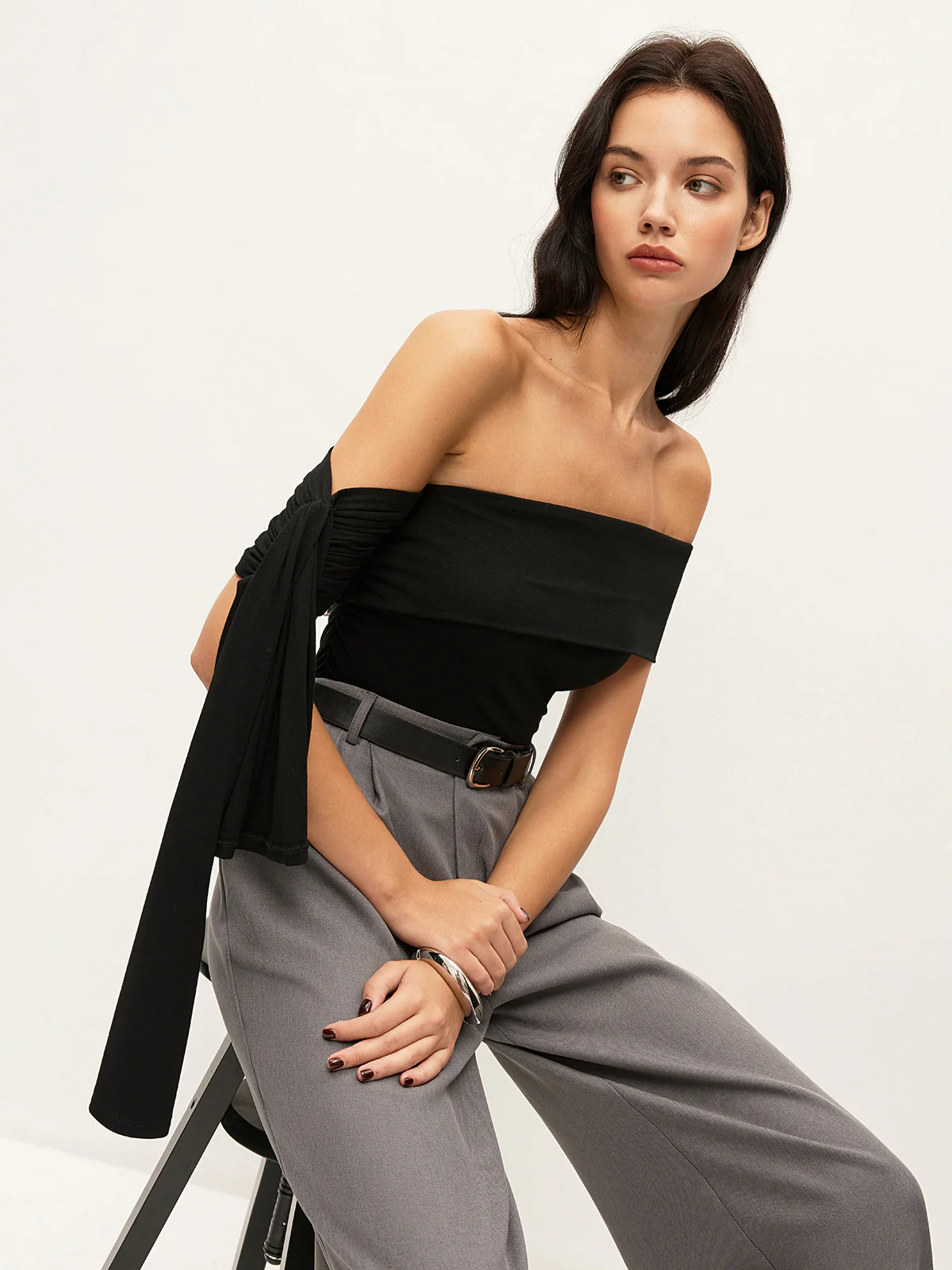 Asymmetrical Off-Shoulder Top With Side Tie - Takermore