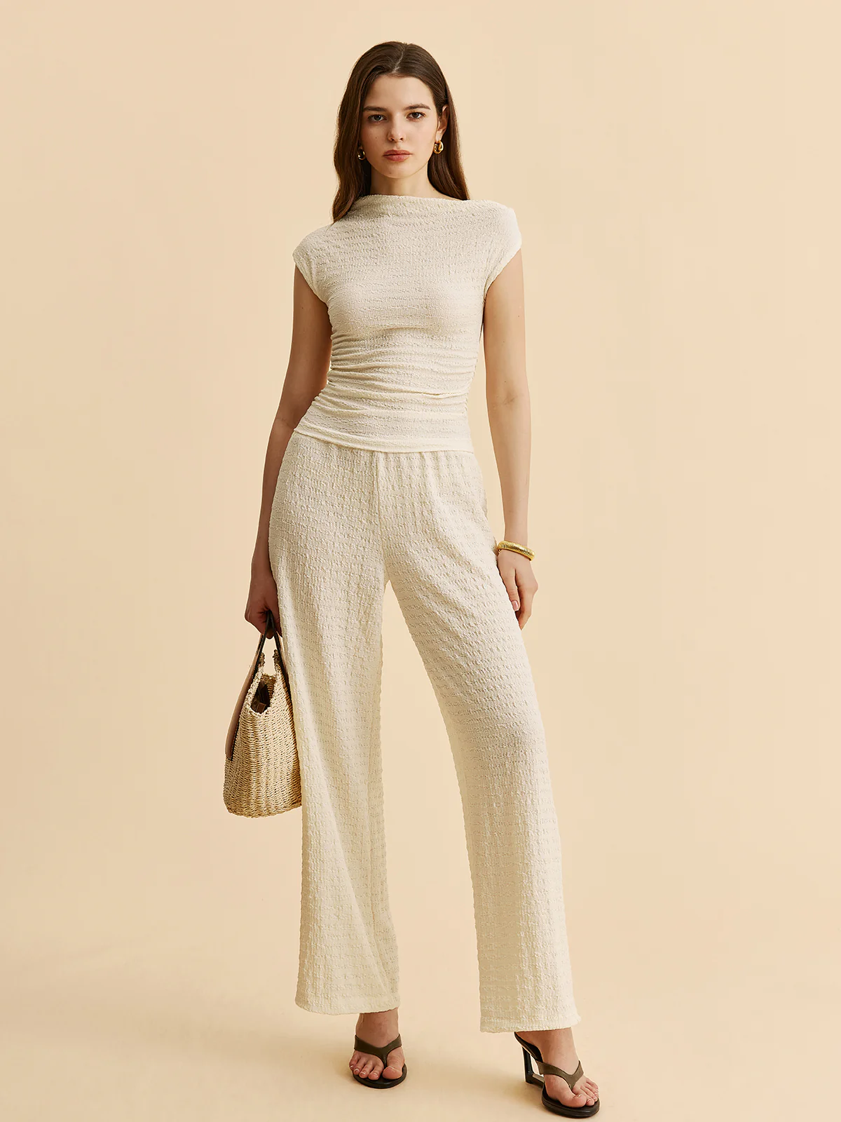 Textured Top With Wide-Leg Pants Set - Takermore