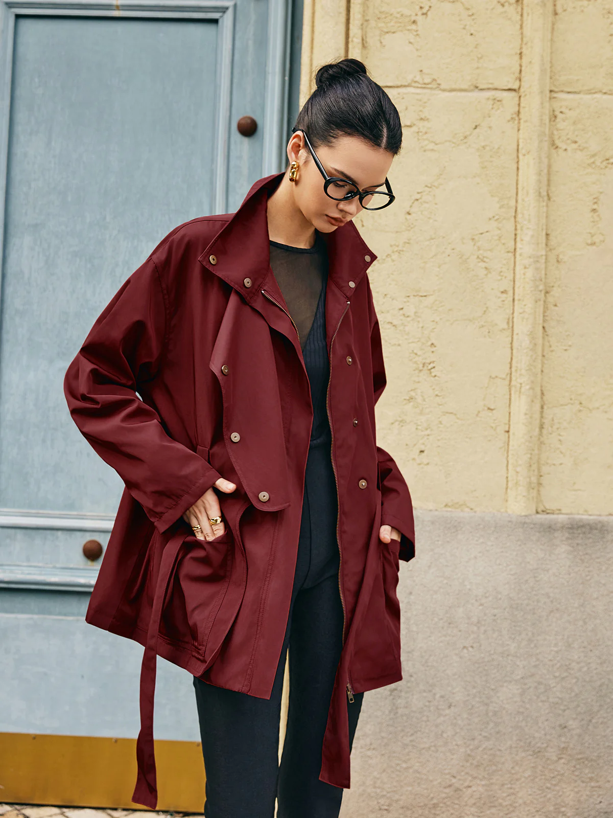 Retro Asymmetrical Belted Trench Coat - Takermore