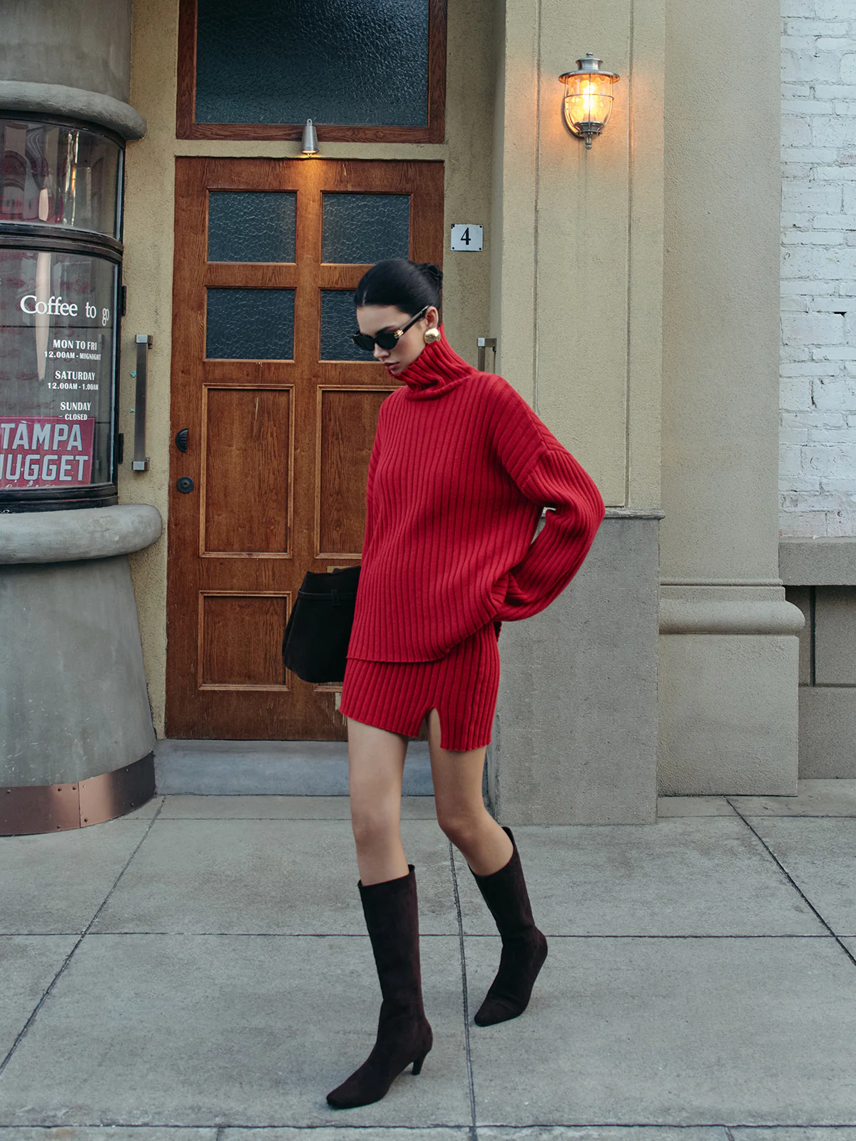 Plain Ribbed Split Sweater Skirt Set - Takermore