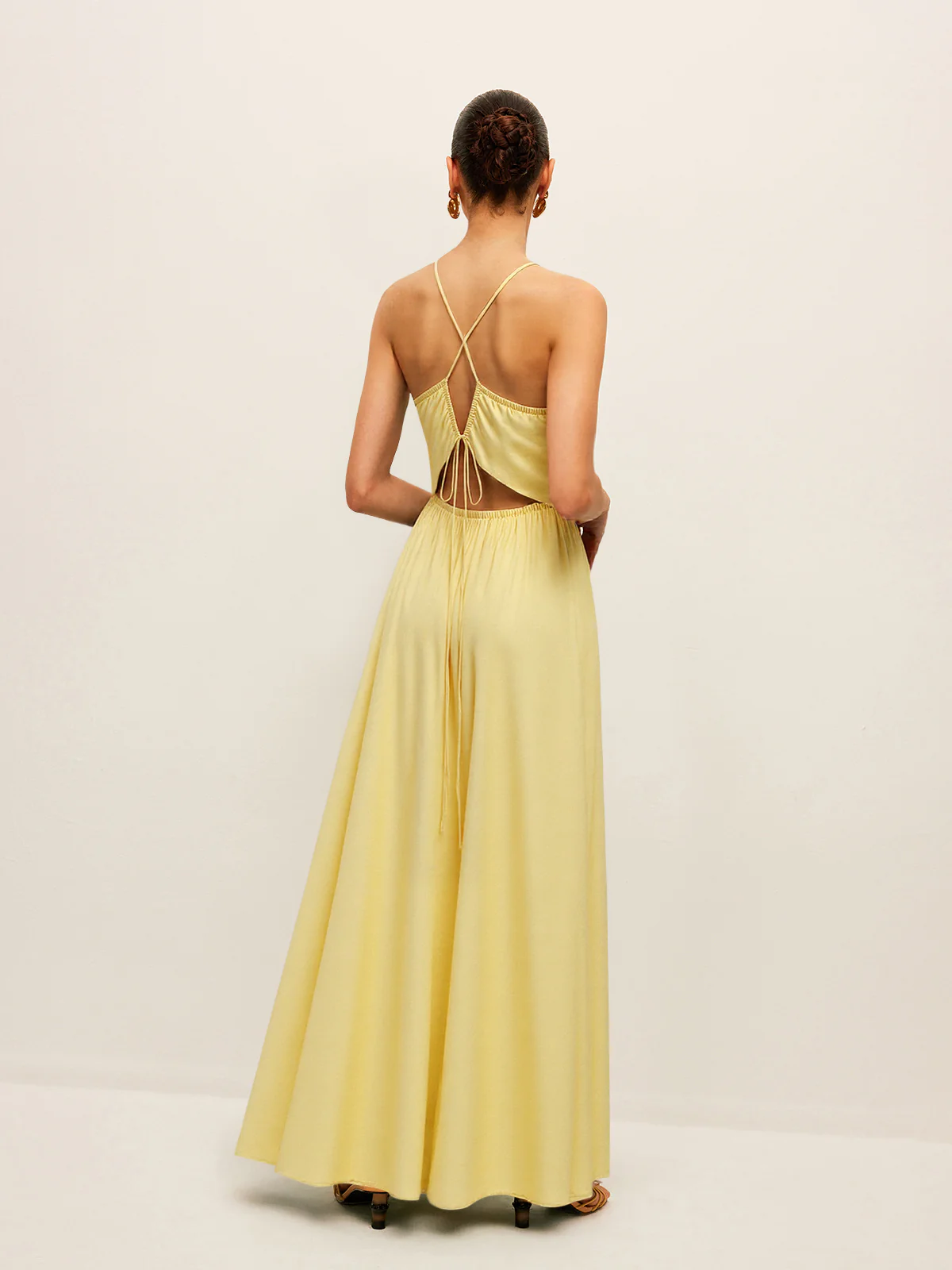 Spaghetti Strap Maxi Dress with Ruched Waist and Crisscross Back - Takermore