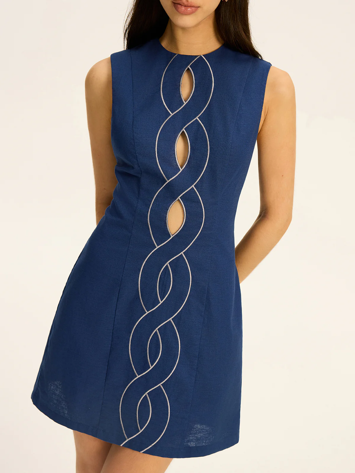 Linen & Cotton Cut-Out Contrast-Stitch Mini Dress - Takermore