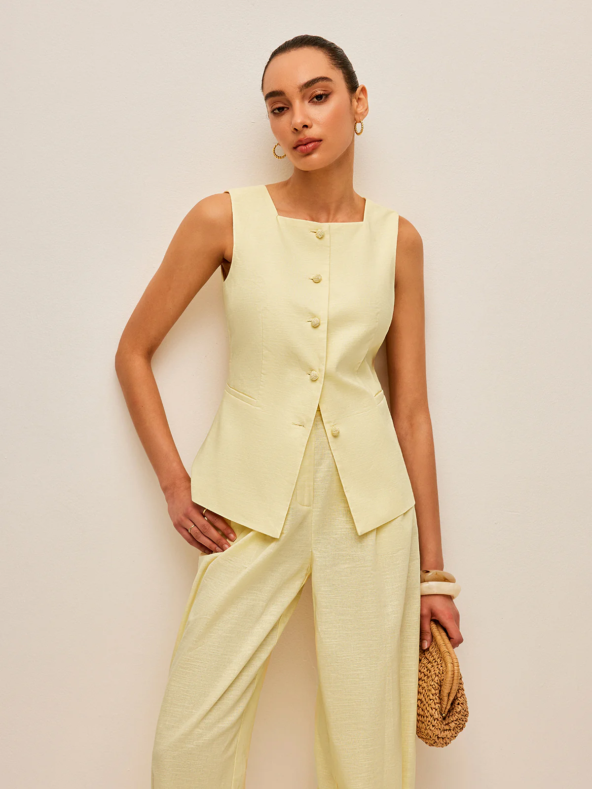 Cotton & Linen Tie-Back Vest With Pockets Pants Set - Takermore