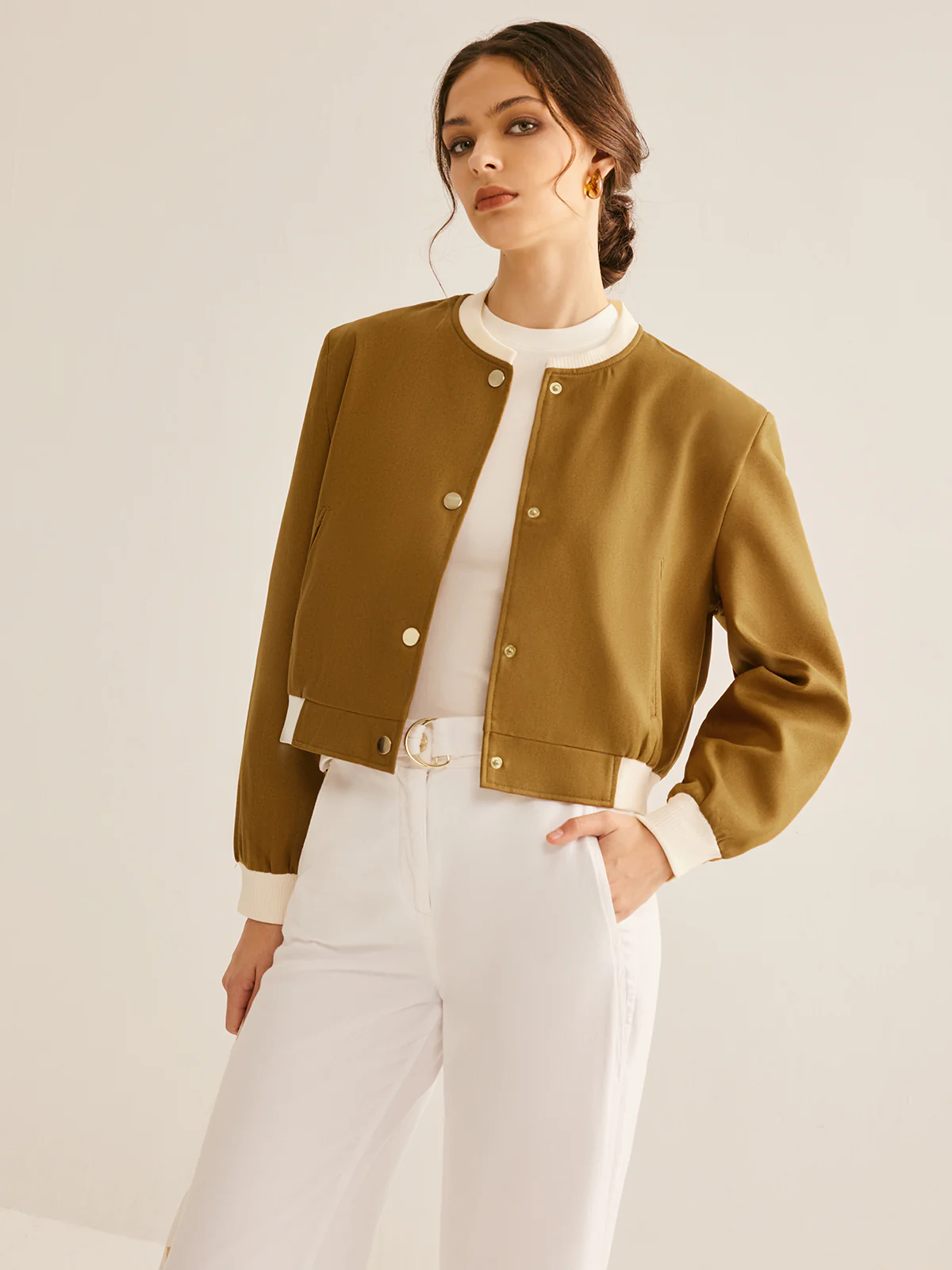 Oversized Crew Neck Contrast Trim Button Jacket - Takermore