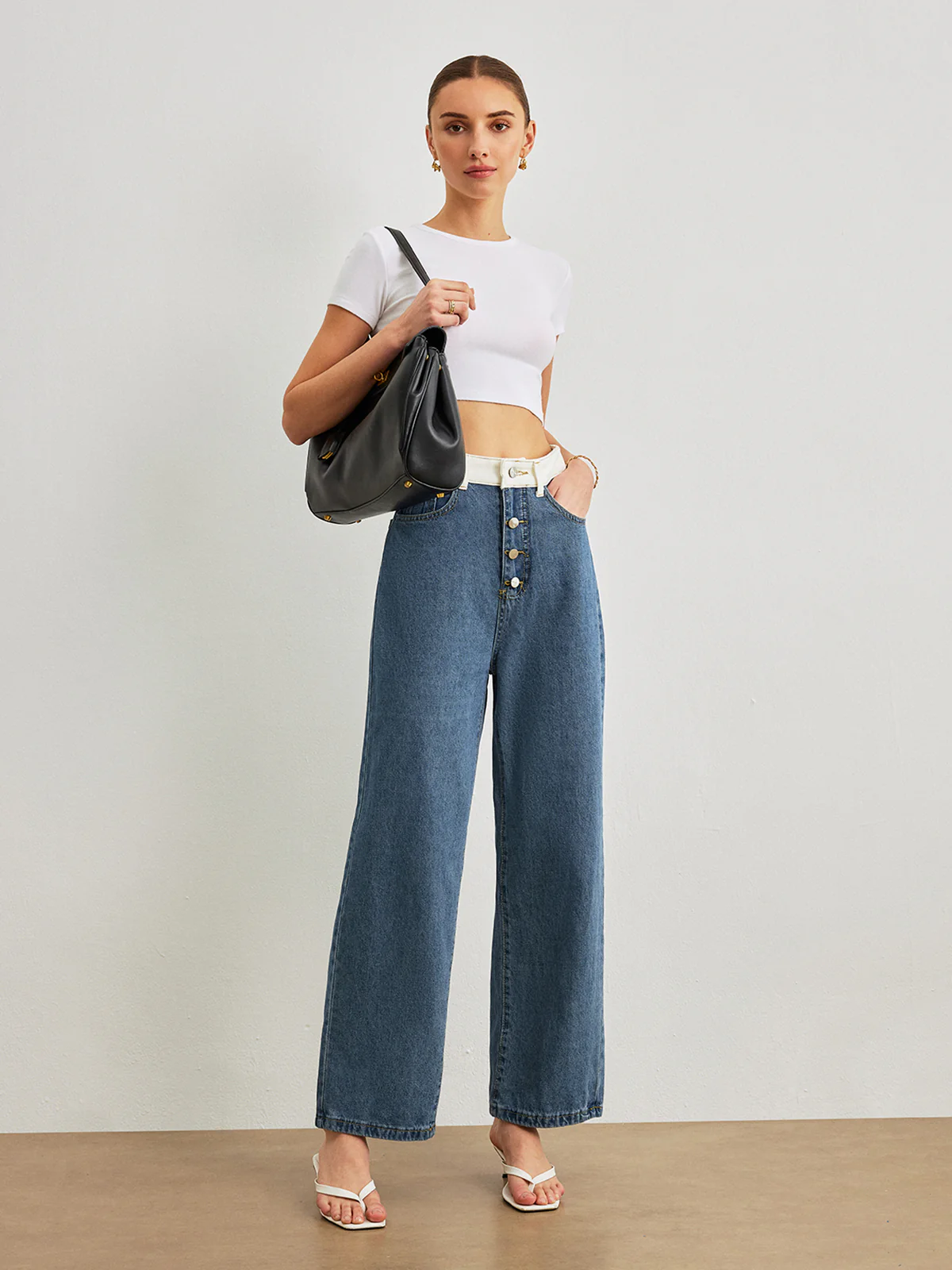 Mid-Waist Contrast Trim Denim Jeans - Takermore