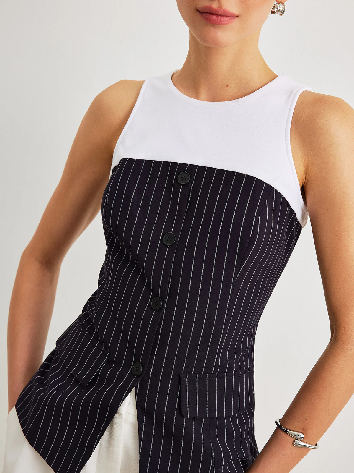 Pinstripe Button Detail Top With Decor Pockets - Takermore