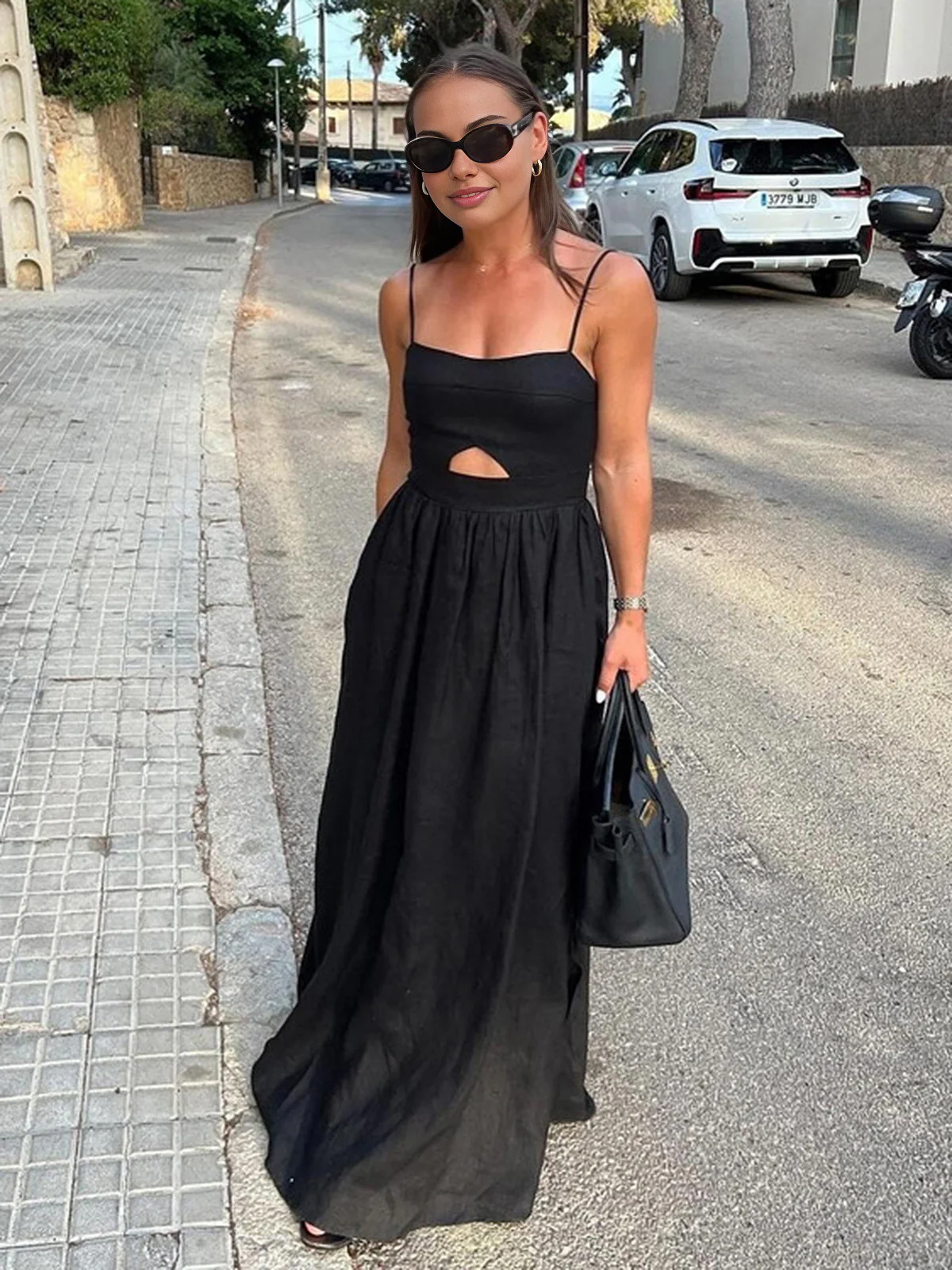 Cotton Sleeveless Pockets Cutout Long Dress - Takermore