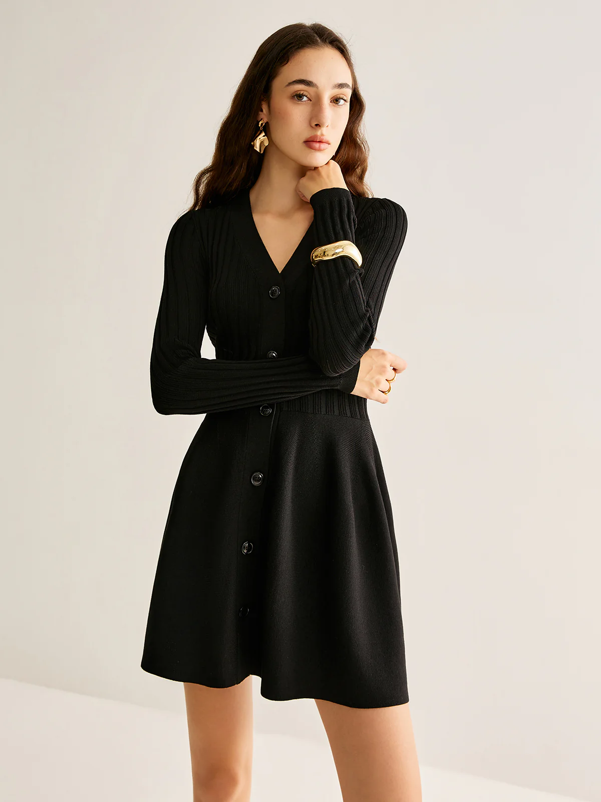 Breasted Flowy Sweater Short Dress - Takermore