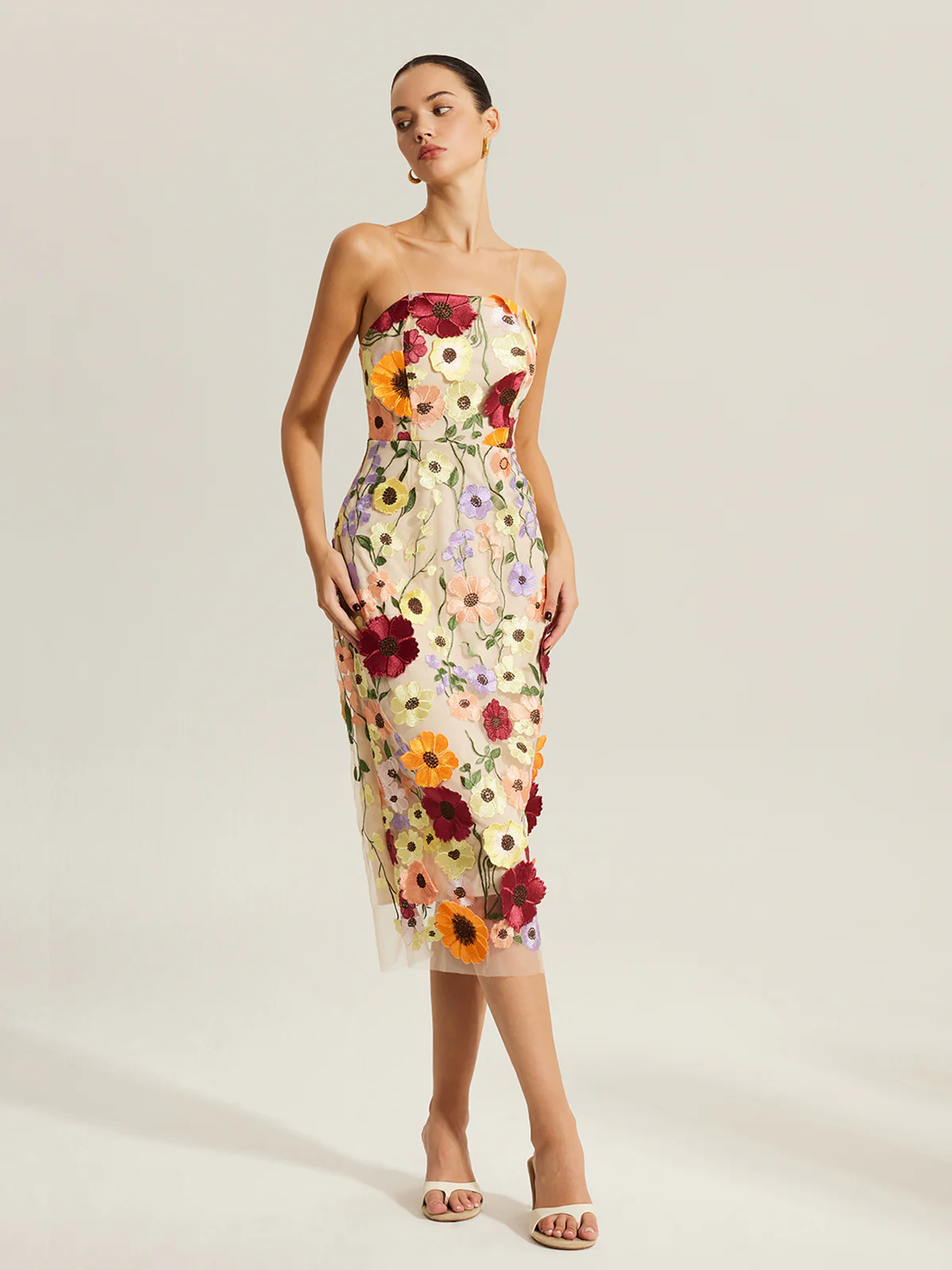 Embroidered Floral Dress With Clear Straps - Takermore