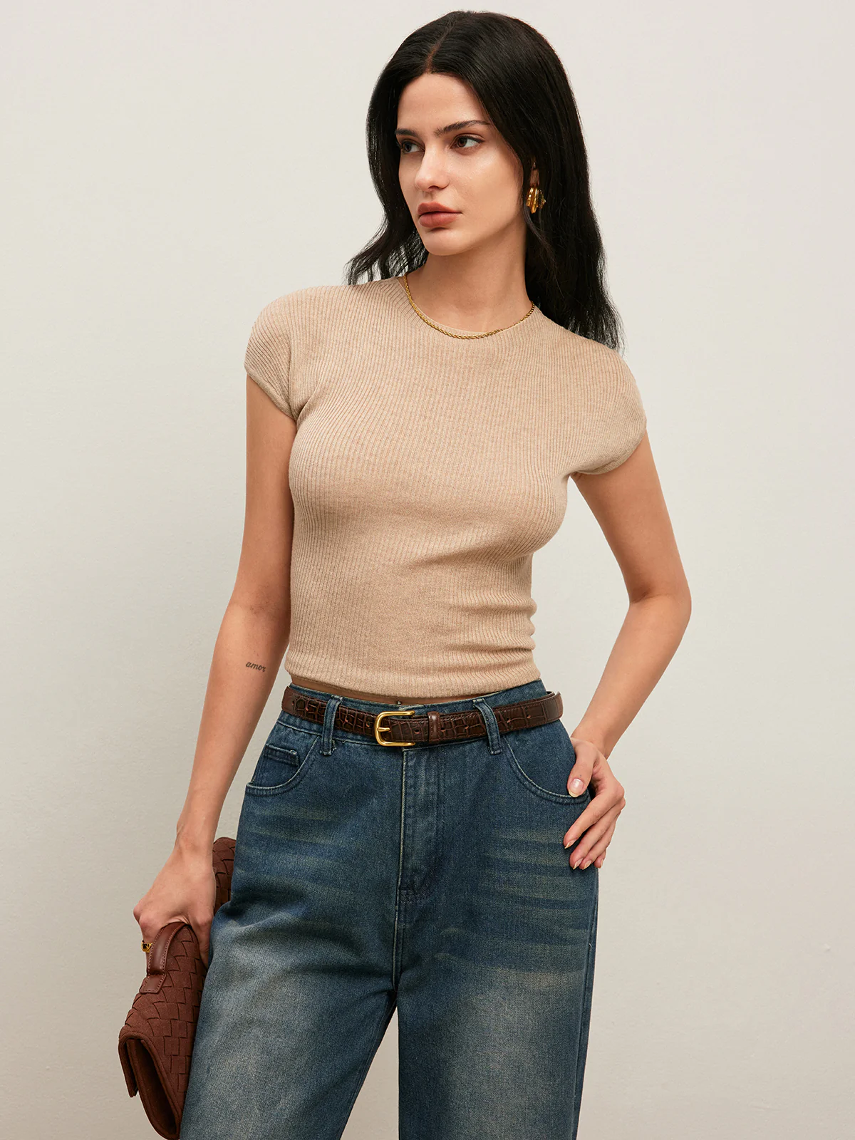 Back Tie Detail Ribbed T-Shirt - Takermore