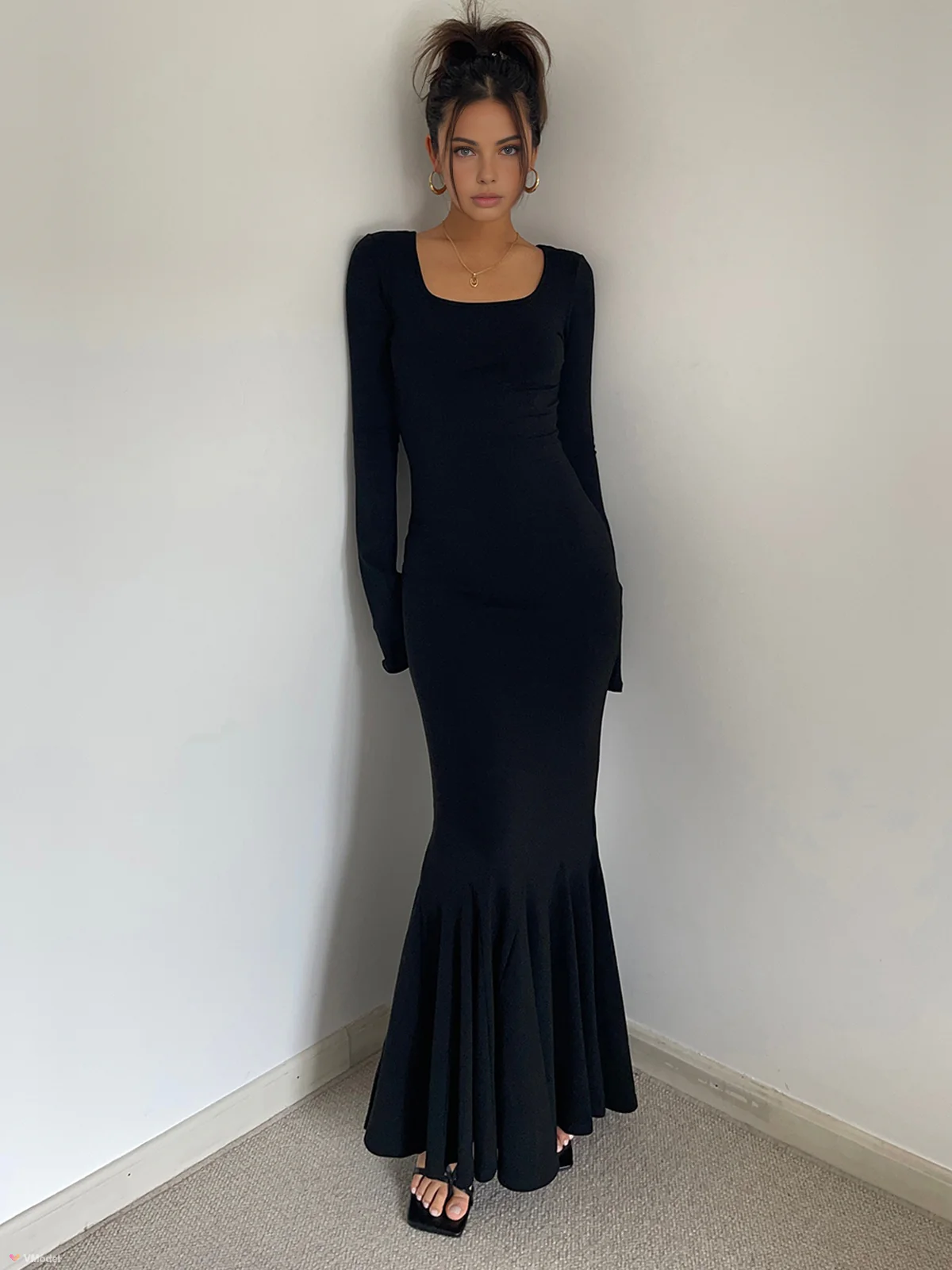 Ruffle Slim Knit Long Dress - Takermore