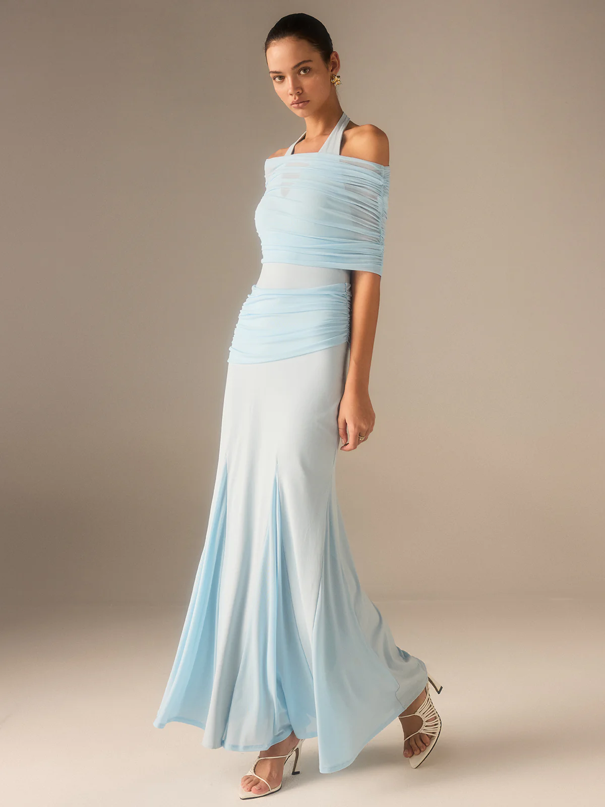 Elastic Mesh Ruched Maxi Dress - Takermore