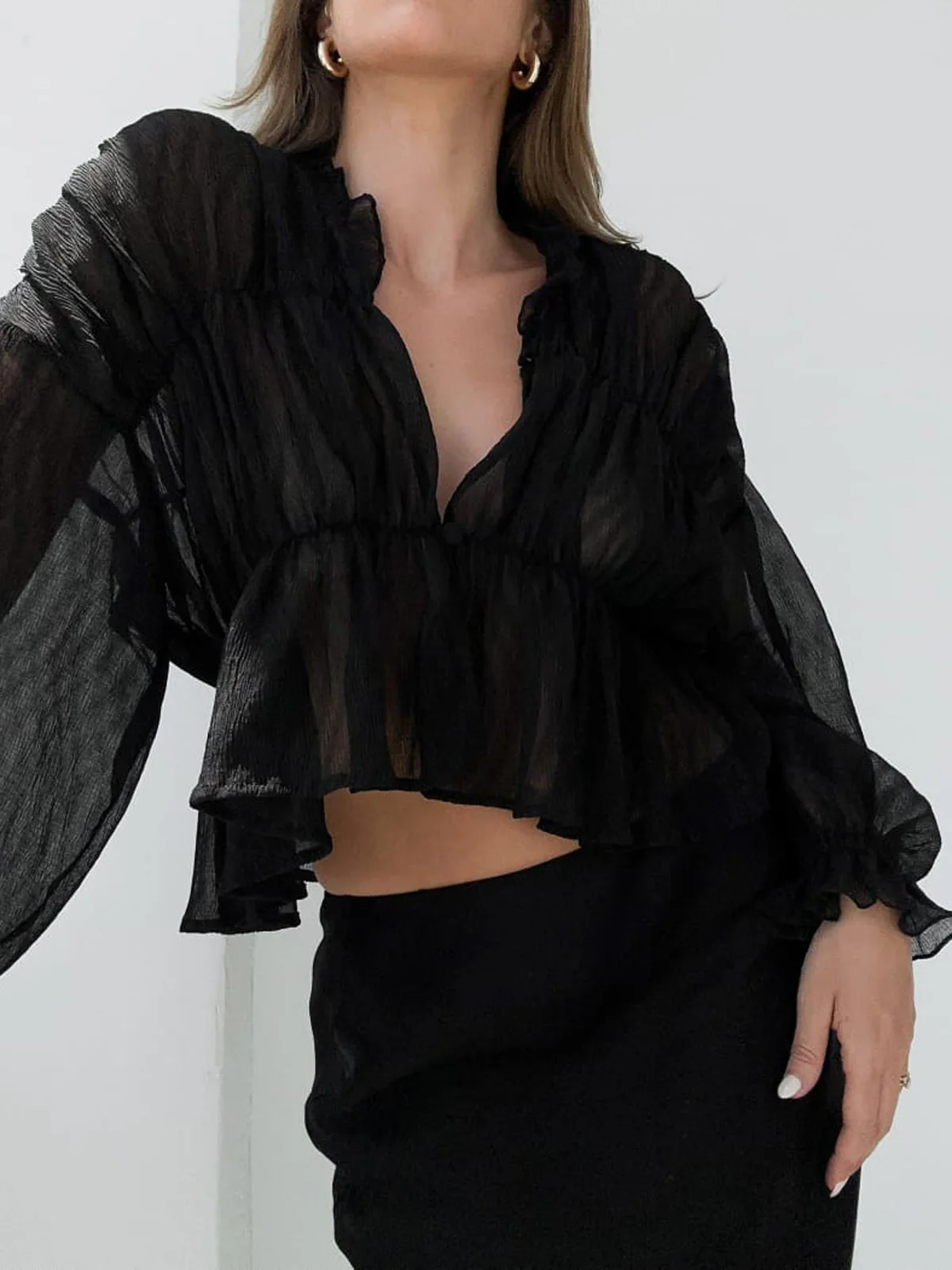 Sheer Chiffon Ruffle Detail Blouse - Takermore