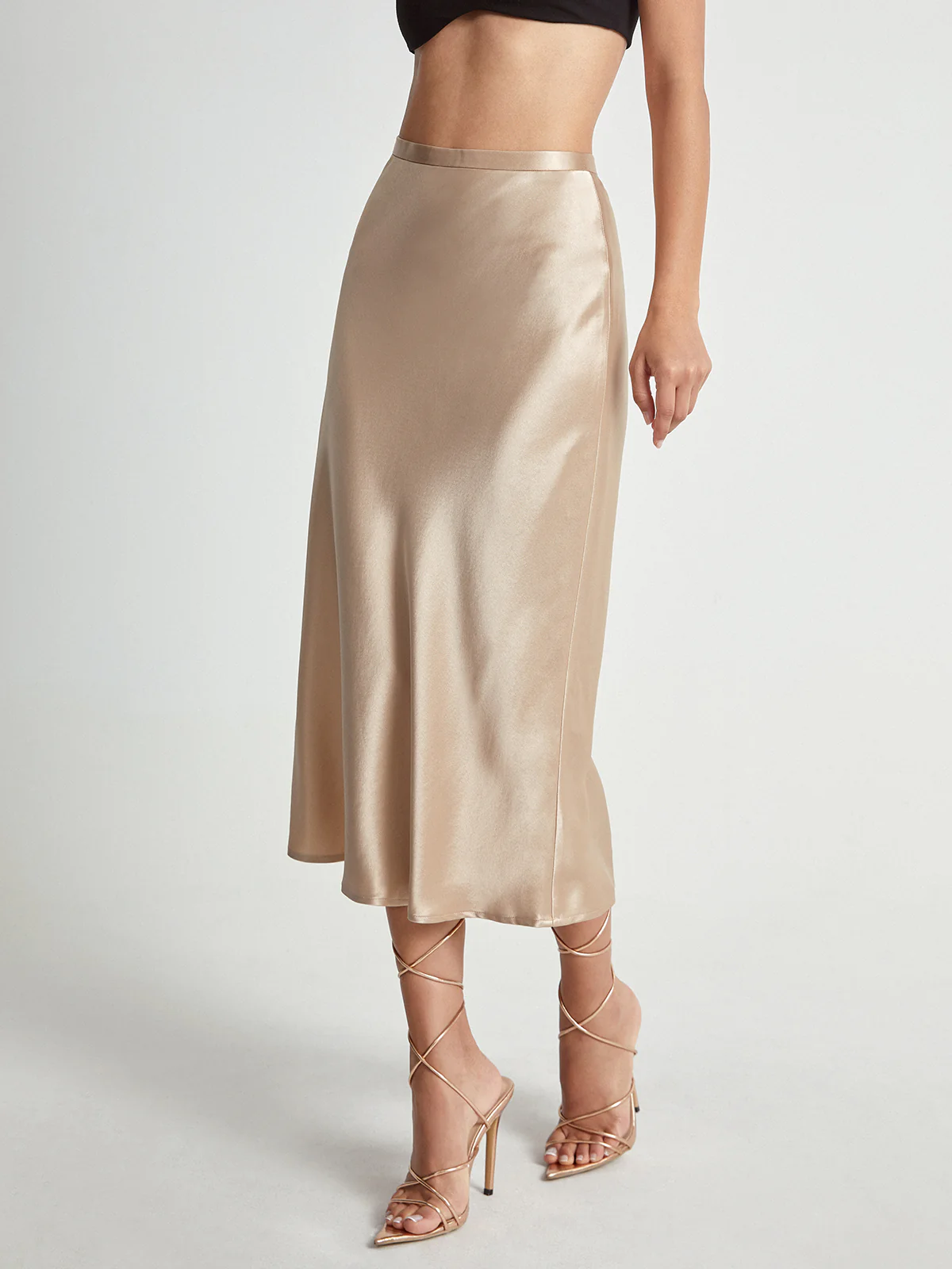 High Waisted Satin Flowy Midi Skirt - Takermore