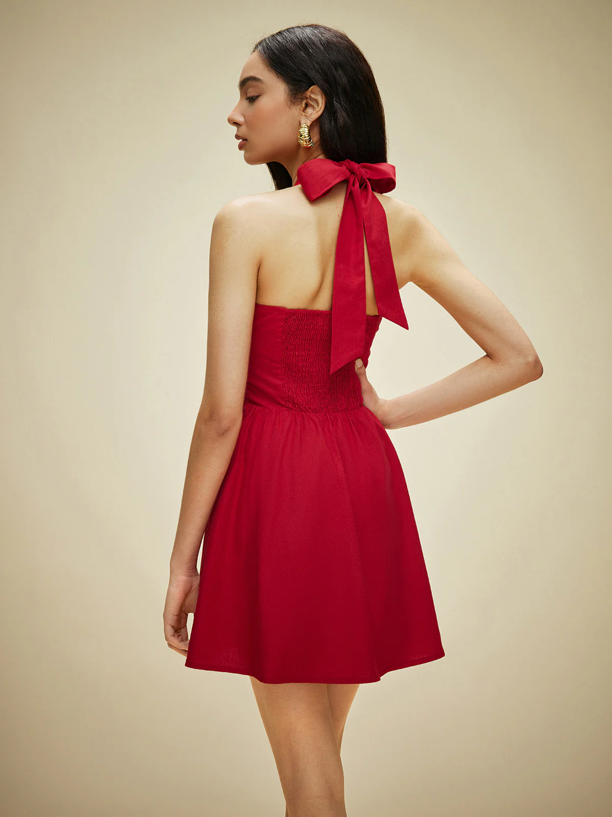 Cotton & Linen Halter Neck Button-Front Dress - Takermore