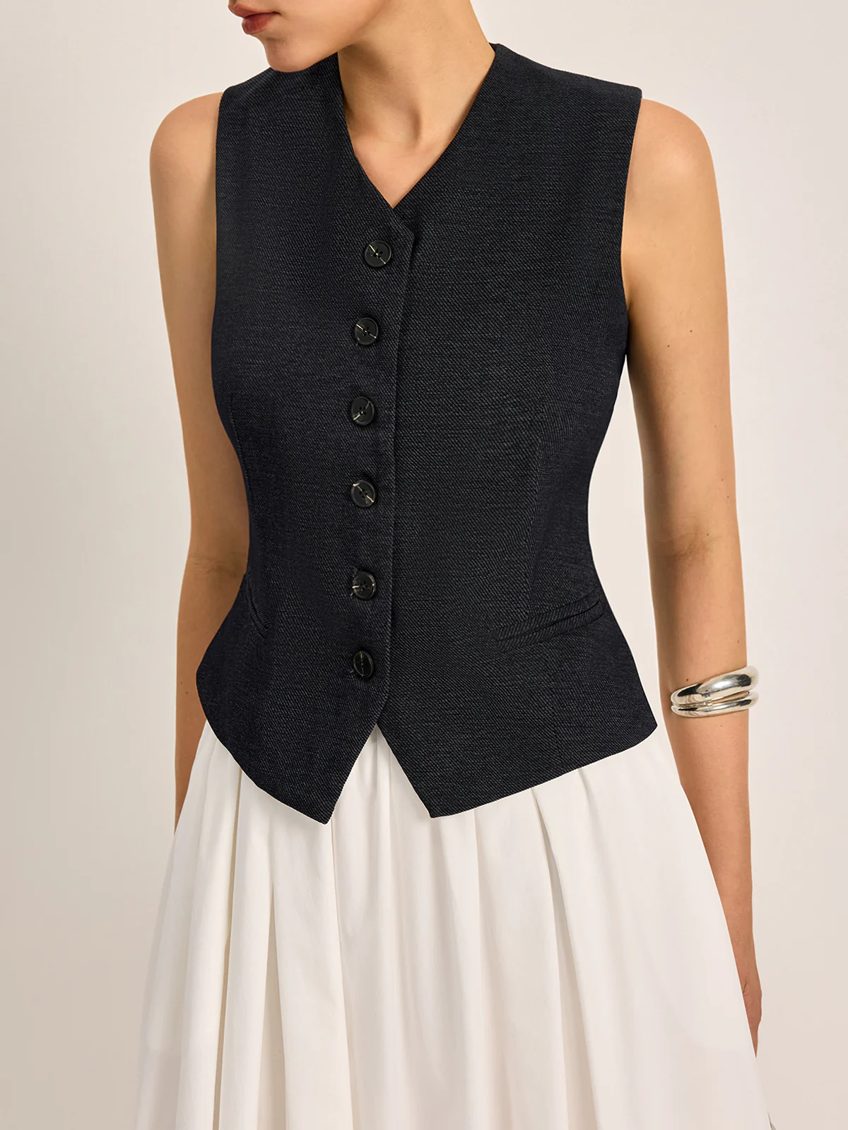 Button Detail Sleeveless Vest - Takermore