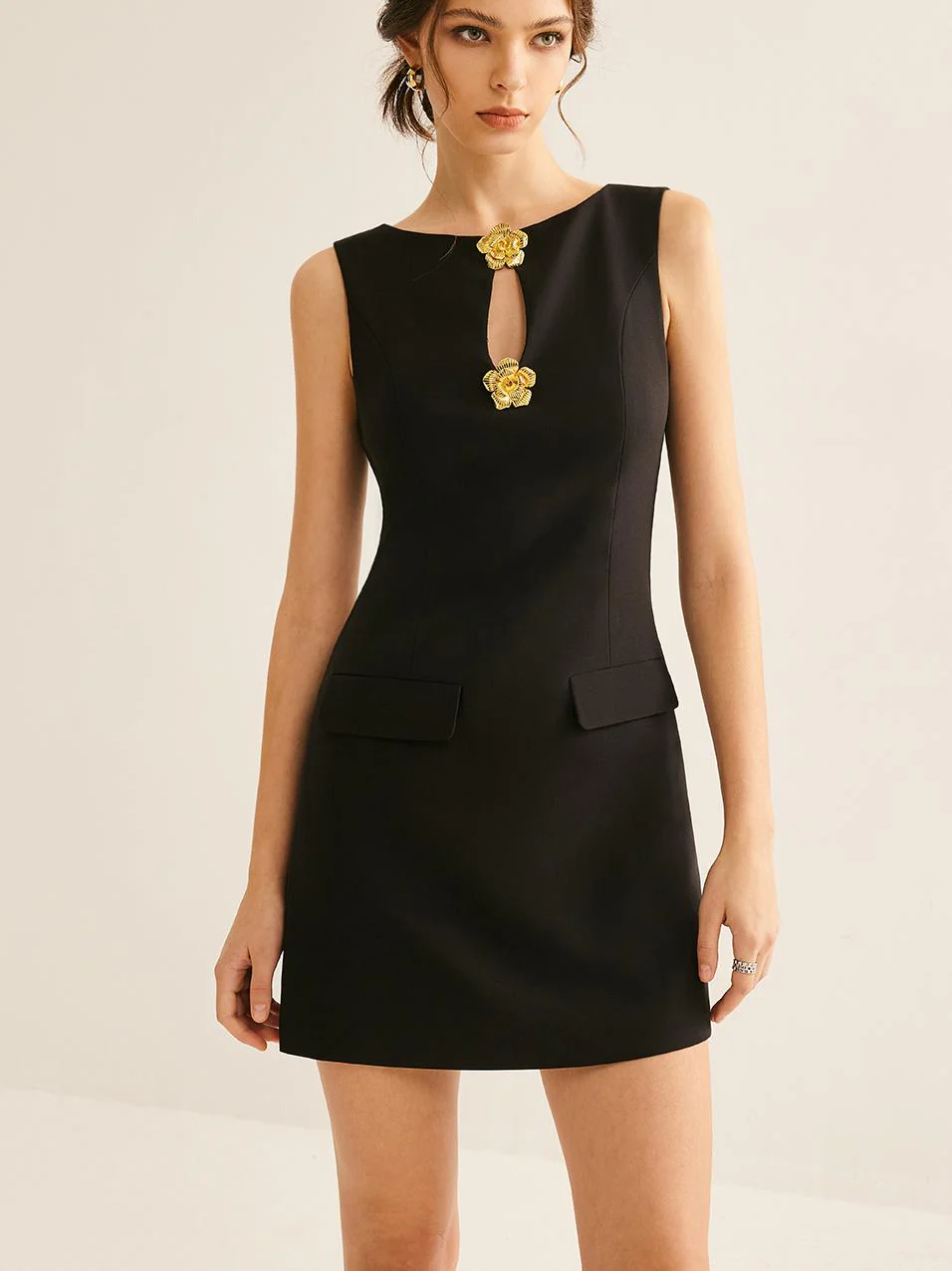 Golden Flower Brooch Cutout Tank Dress - Takermore