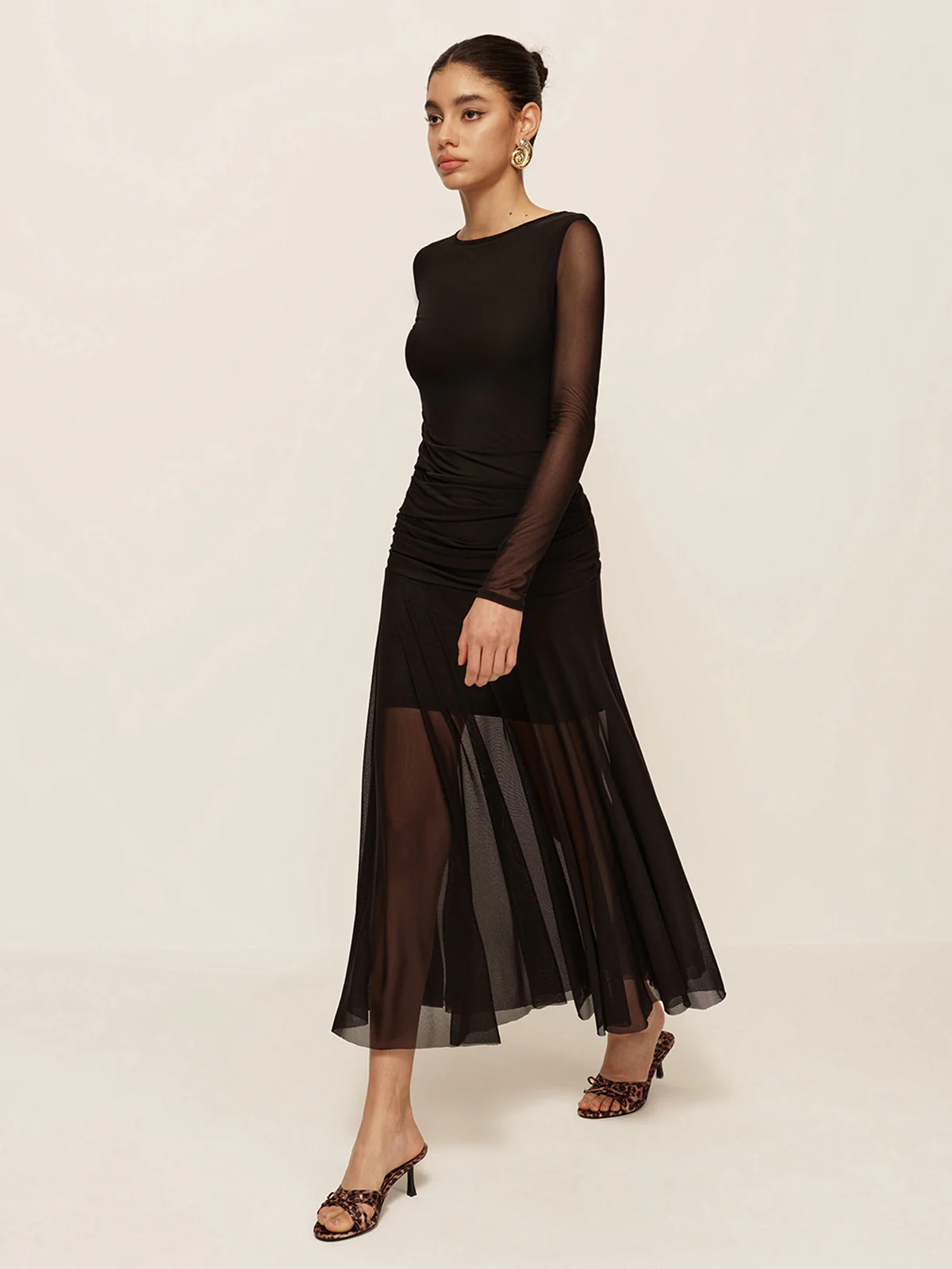 Sheer Pleated Hem Long Sleeve Ruched Dress - Takermore