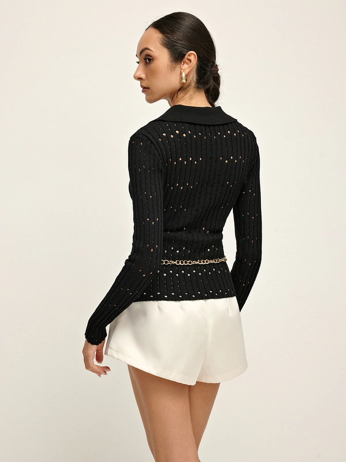 Hollow Button Polo Sweater Without Belt - Takermore