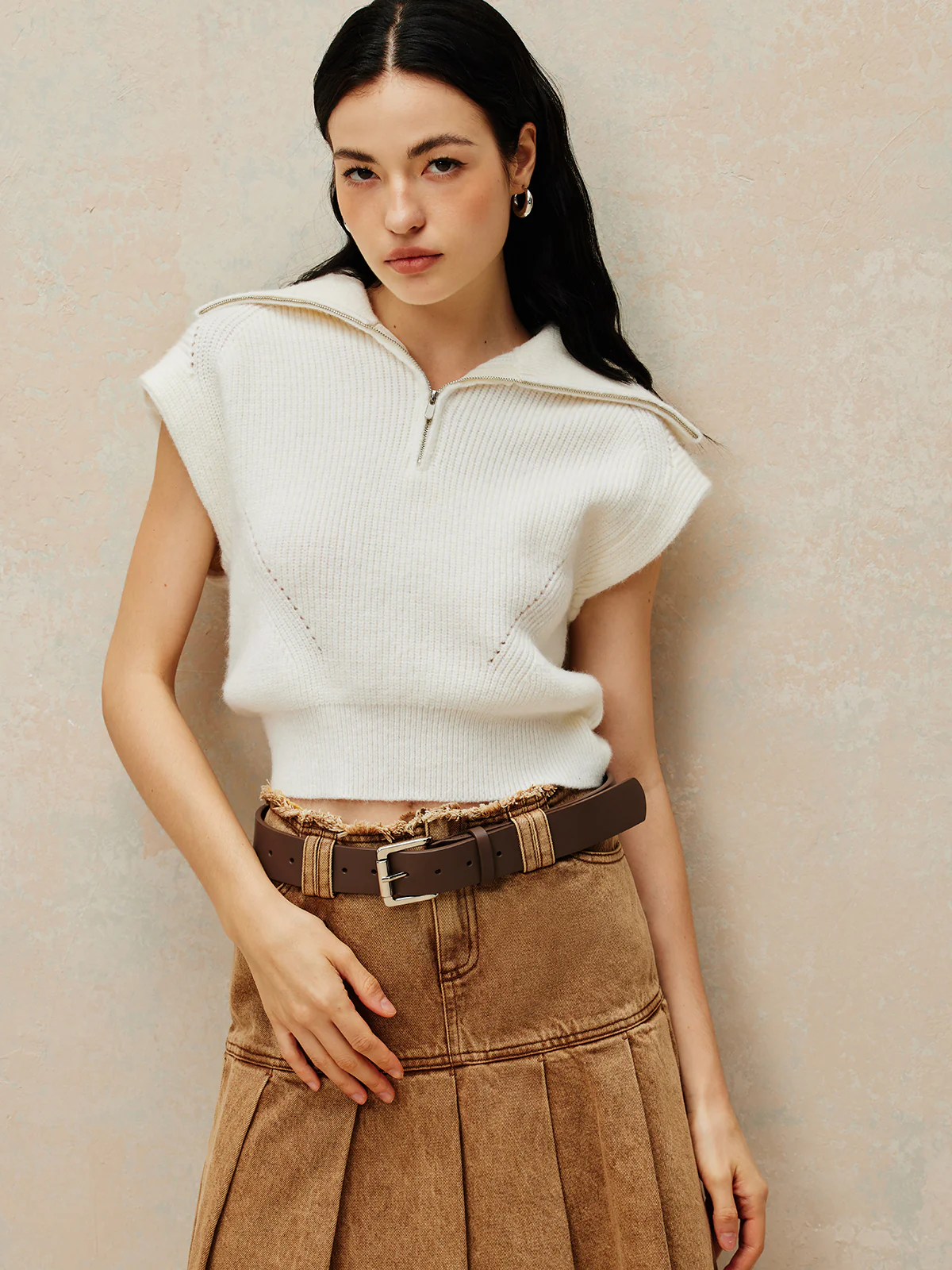 Ribbed Lapel Zipper Sweater Vest - Takermore