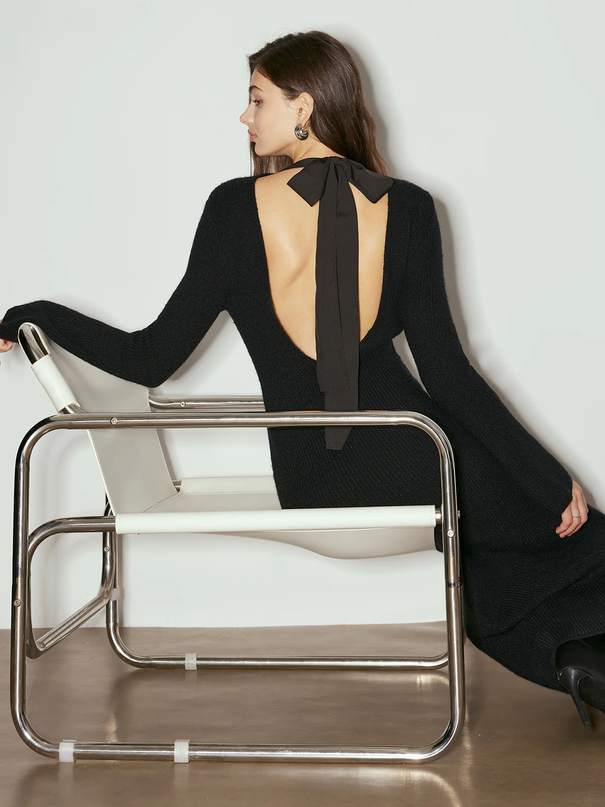 Tie Neck Open Back Long Dress - Takermore