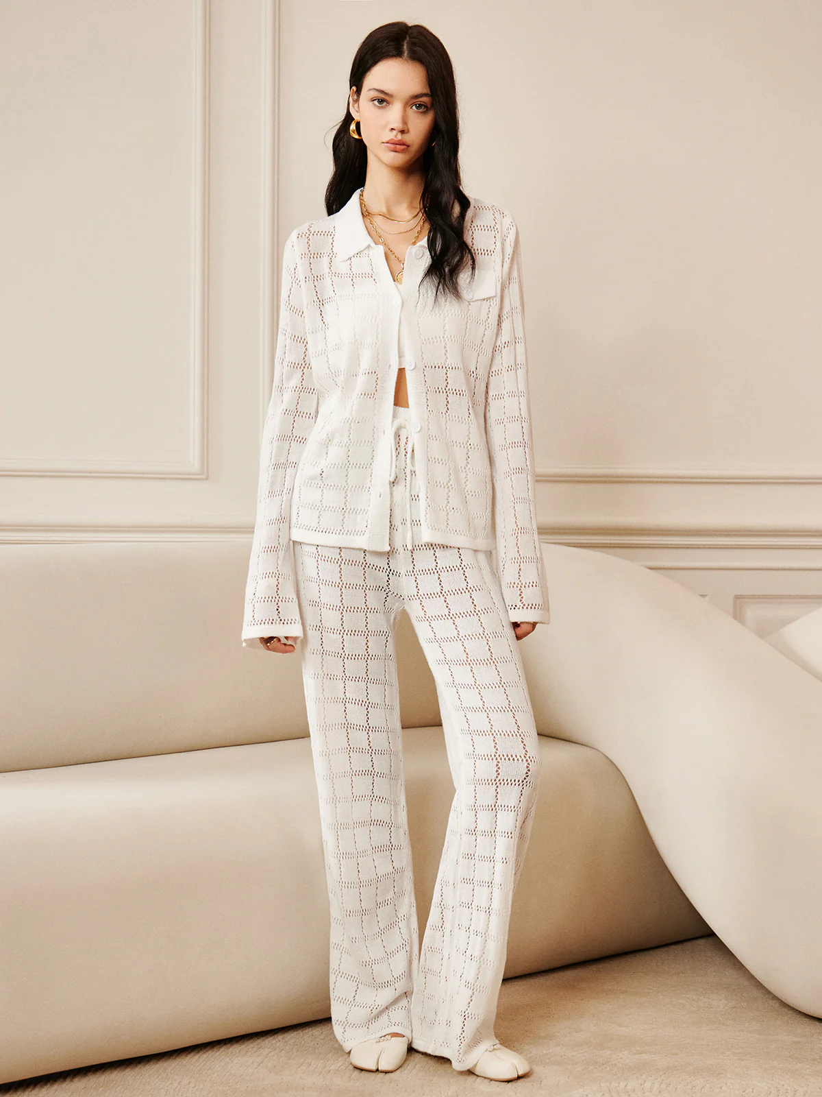 Hollow Plaid Drawstring Pants Set - Takermore