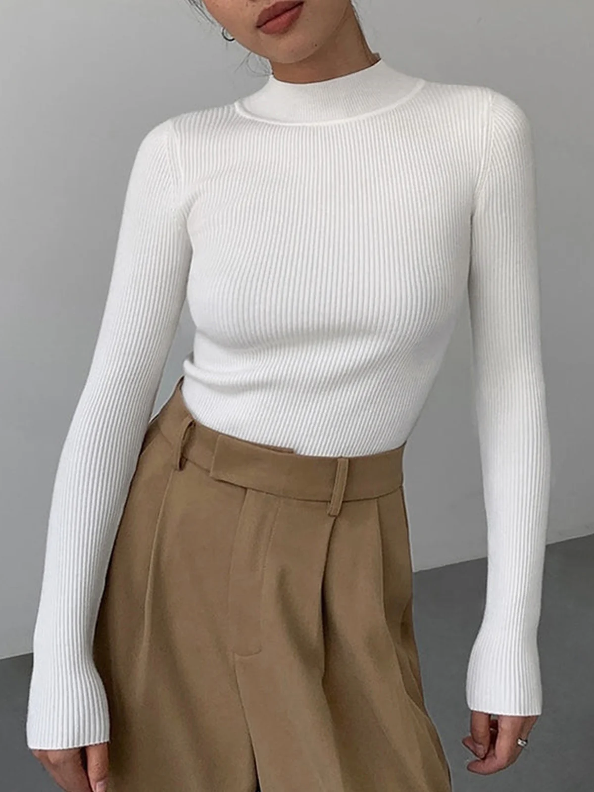 Mock Neck Rib Long Sleeve Knit Top - Takermore