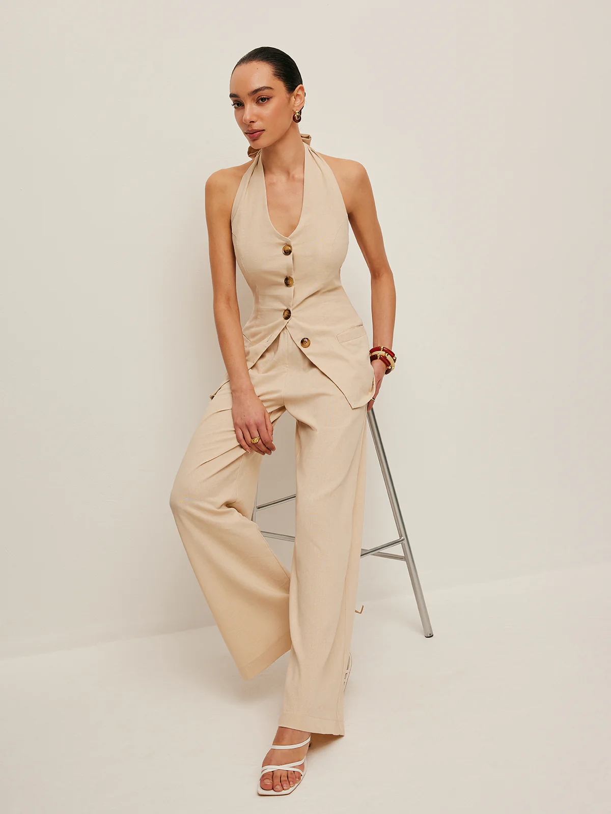 Halter Neck Bow-Tie Pants Set - Takermore