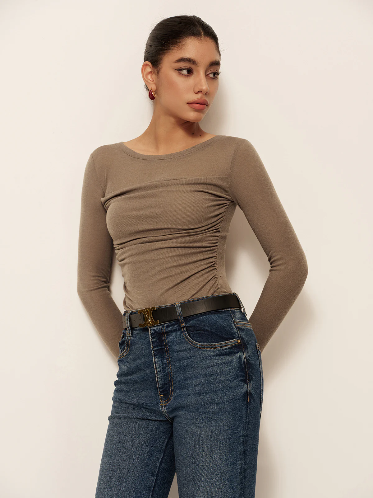 Semi-Sheer Long Sleeve Pleated Slim Panel T-Shirt - Takermore