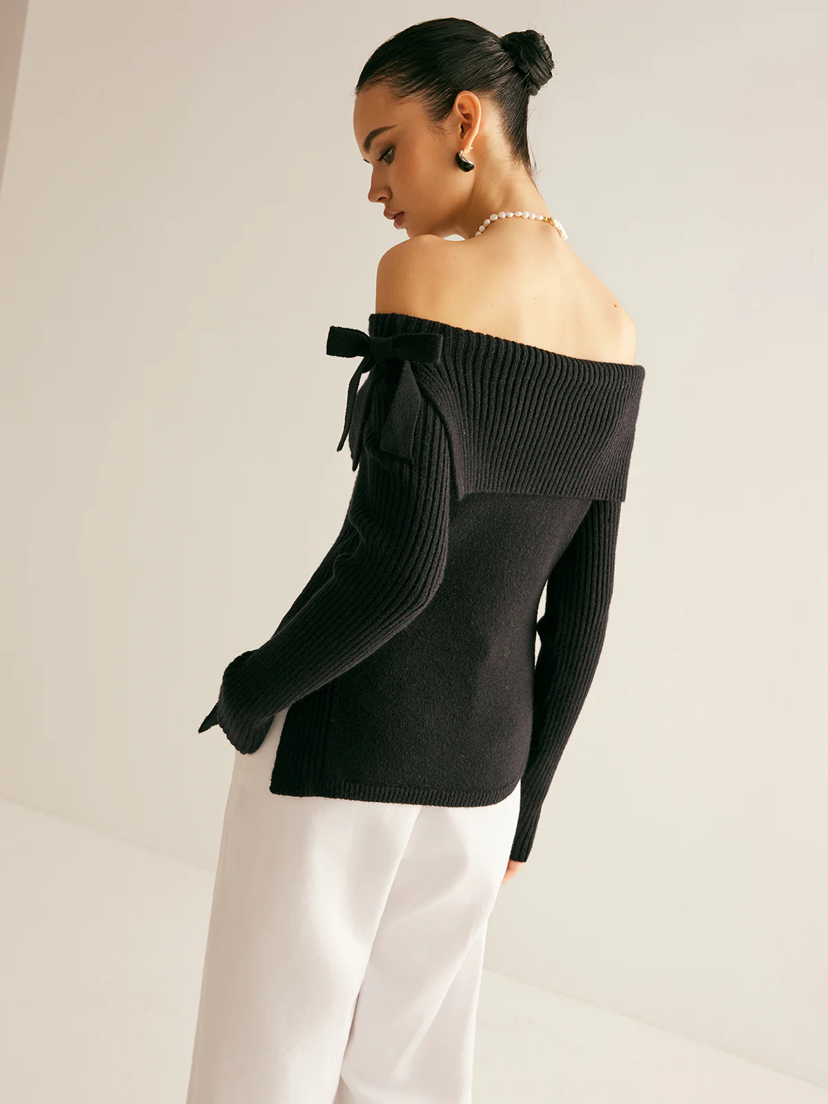 Off-Shoulder Ribbed Bow Slit Sweater - Takermore