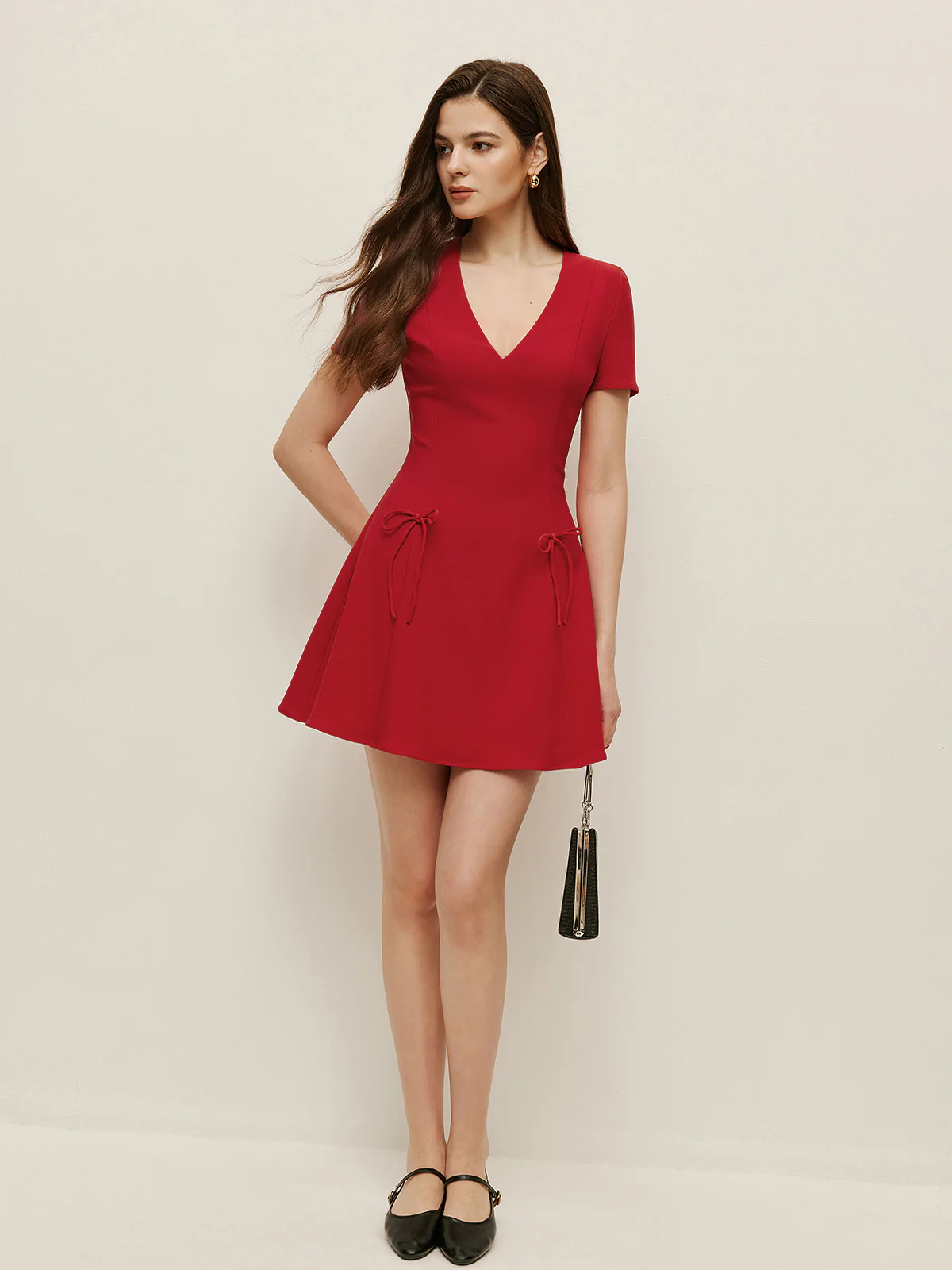 Bow Detail V-Neck Dress - Takermore
