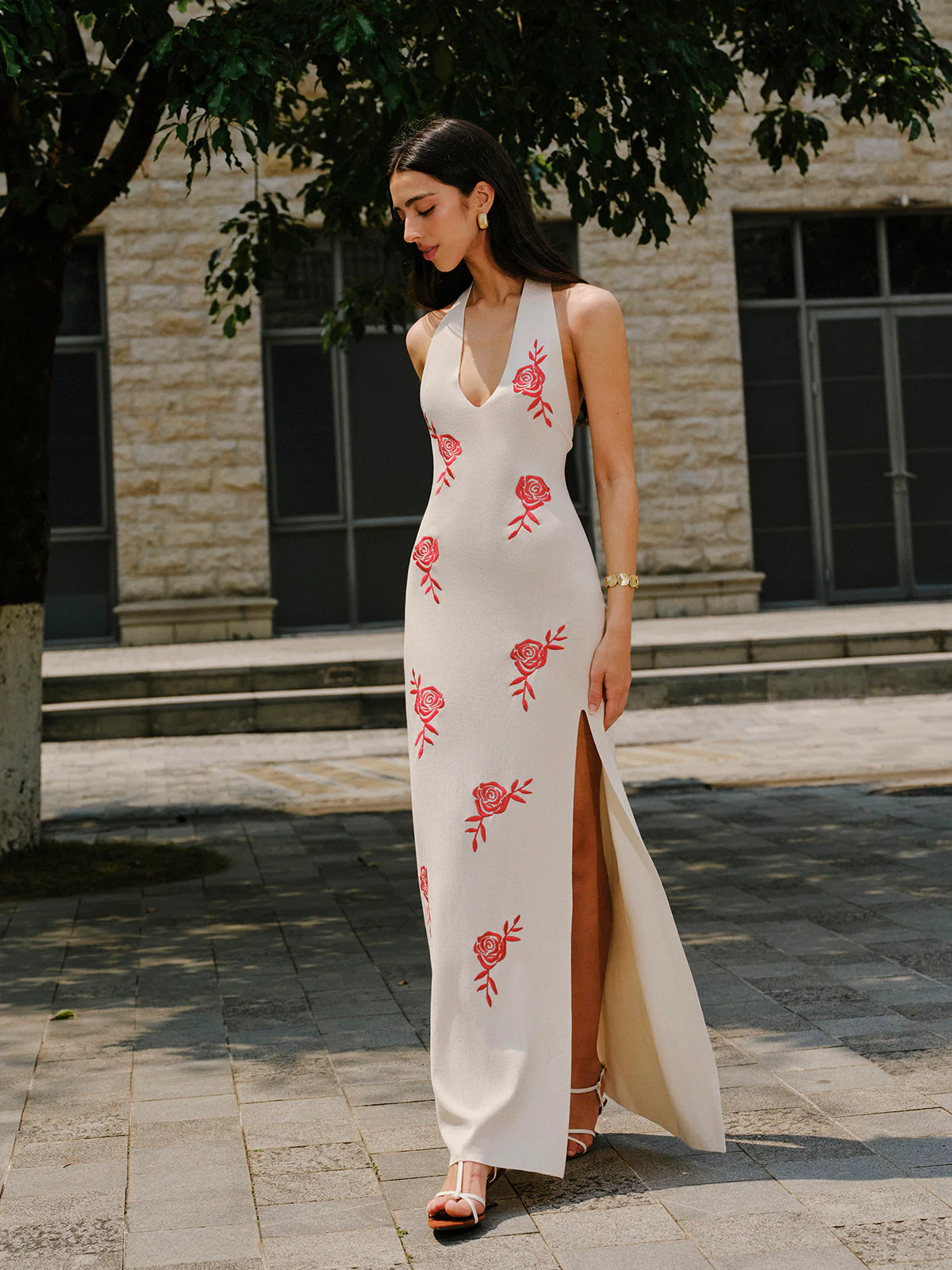 Embroidered Split Knit Halter Dress - Takermore