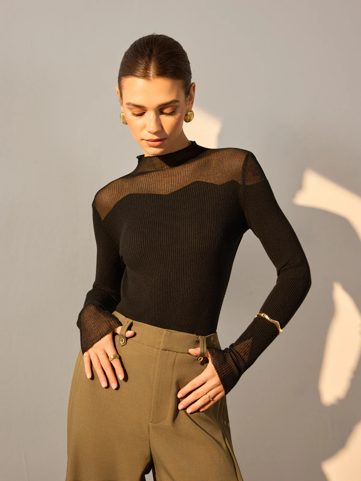 Mock Neck Mesh Panel Slim Sweater - Takermore