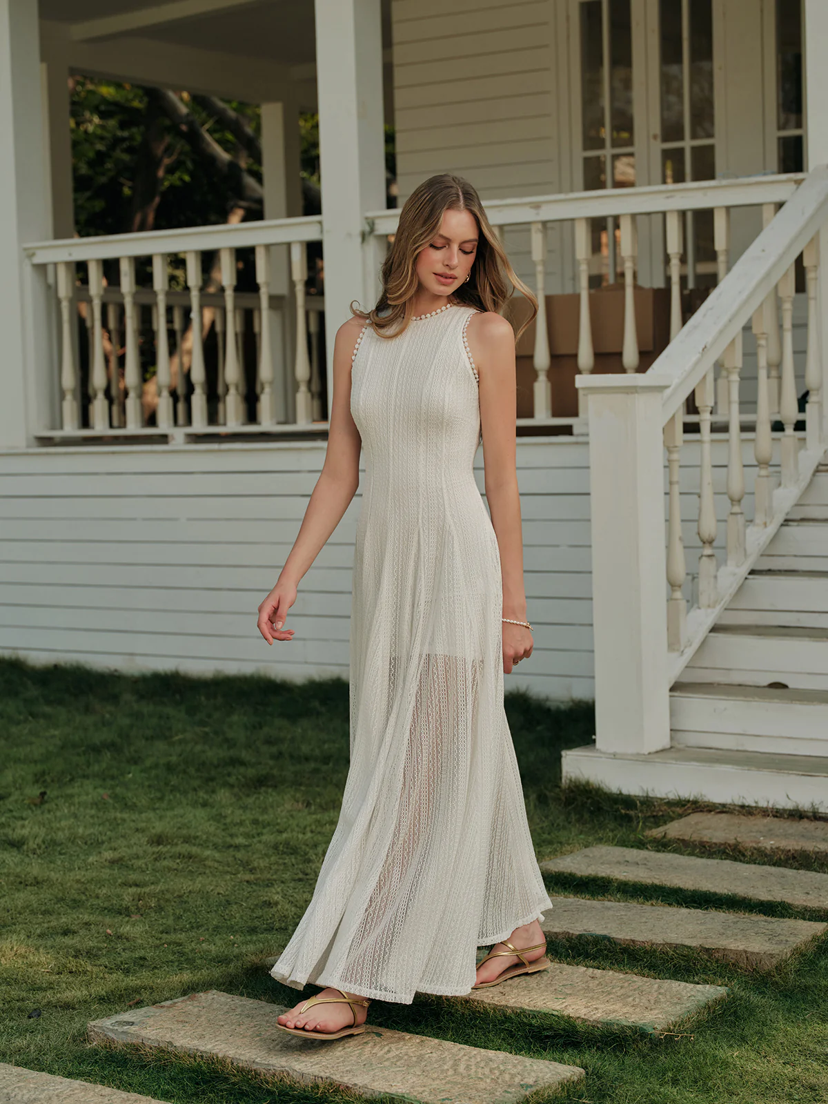 Semi-Sheer Lace Sleeveless Dress - Takermore