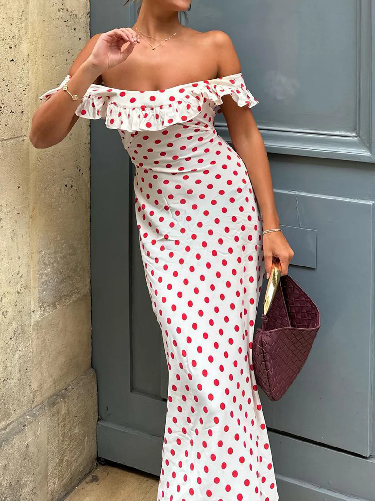 Sweetie Polka Dot Ruffle Hem Off-Shoulder Long Dress - Takermore